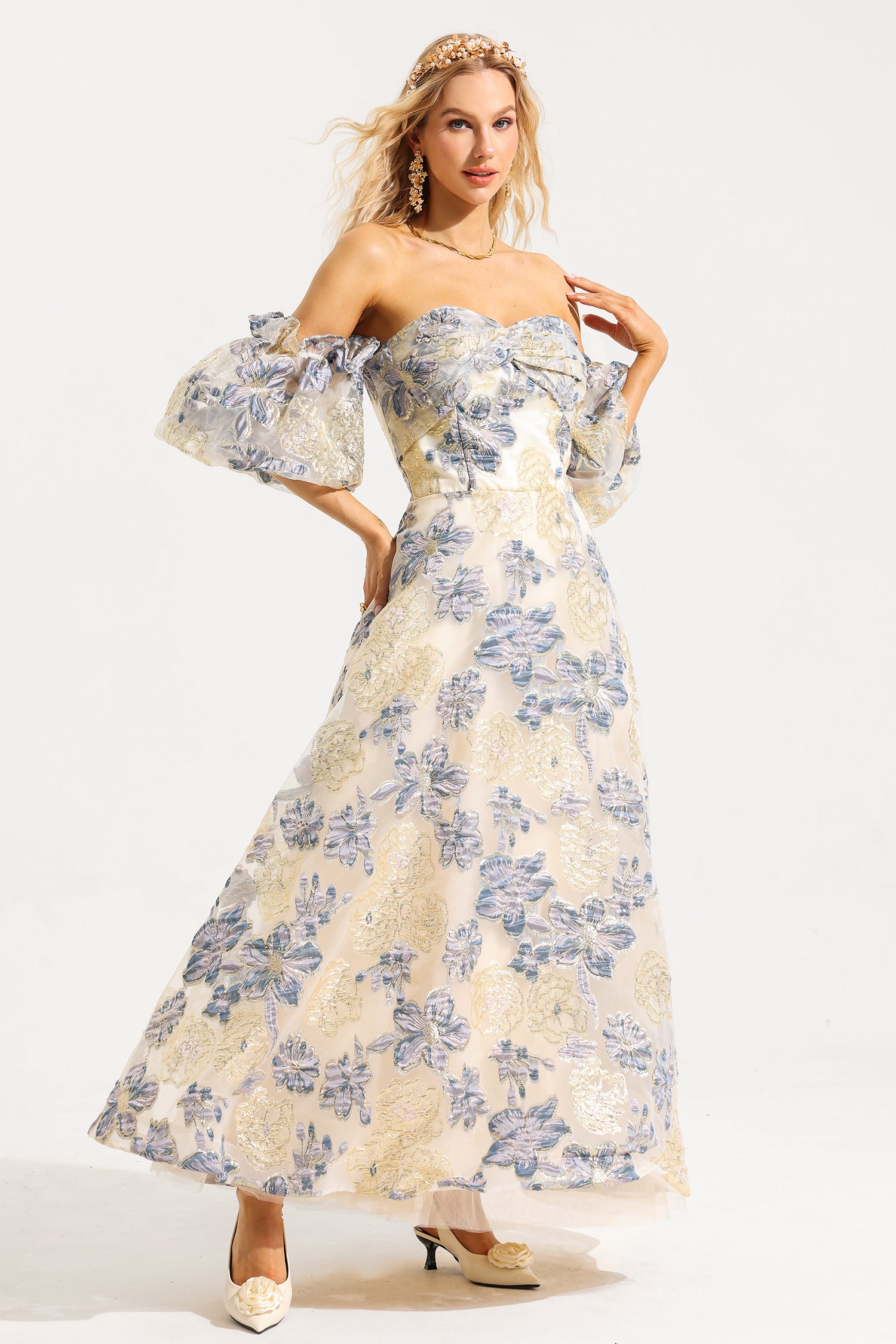 JACQUARD OFF-SHOULDER MIDI DRESS