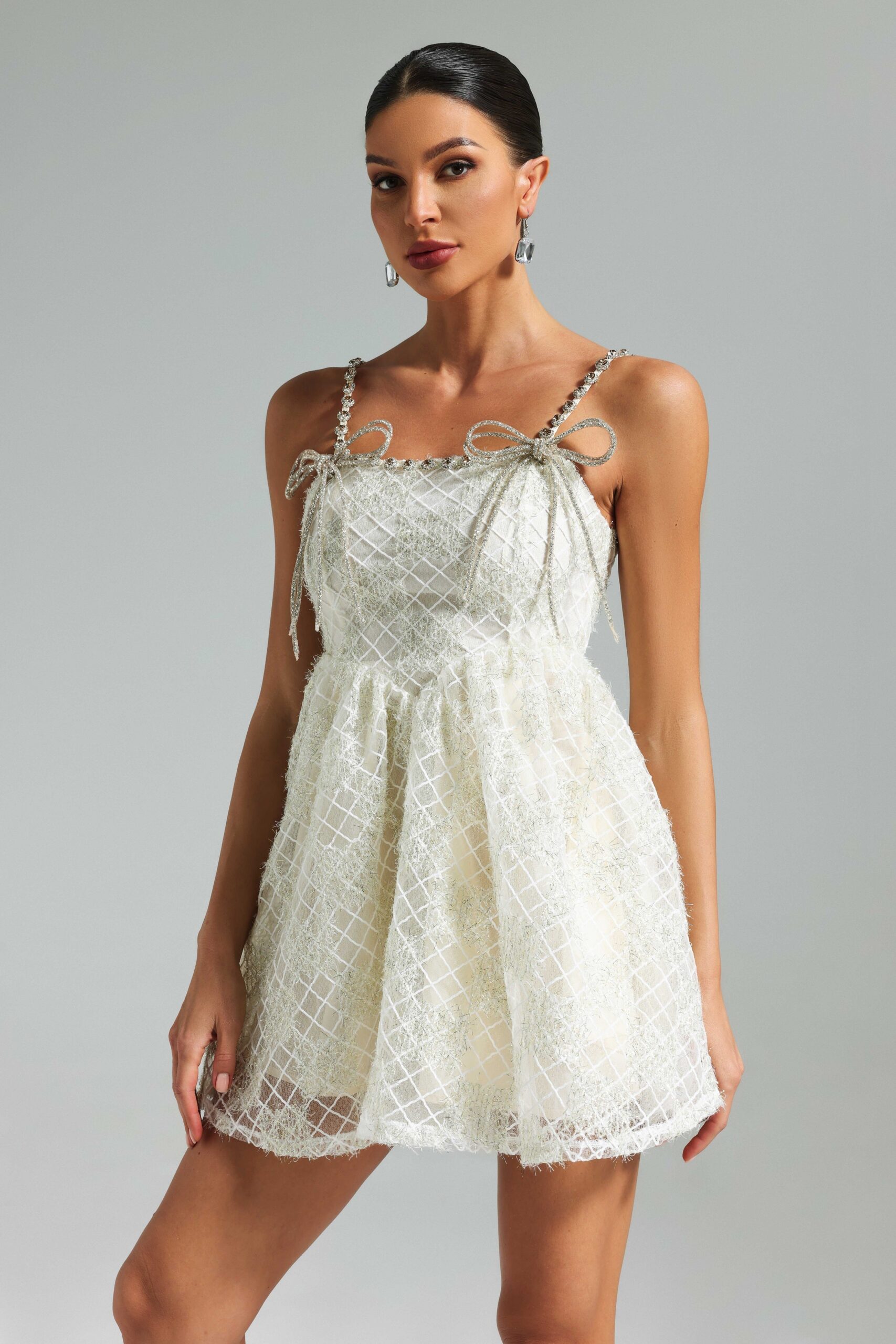 TEELA DIAMANTE BOW MESH MINI DRESS FOR PARTY