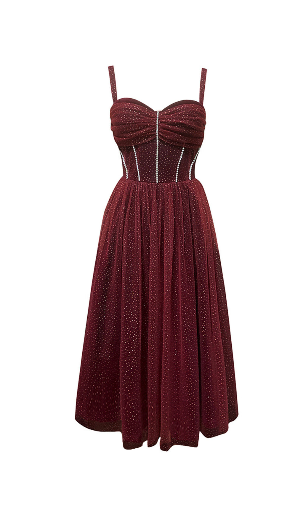 RUCHED BUST MESH RHINESTONE CAMI DRESS
