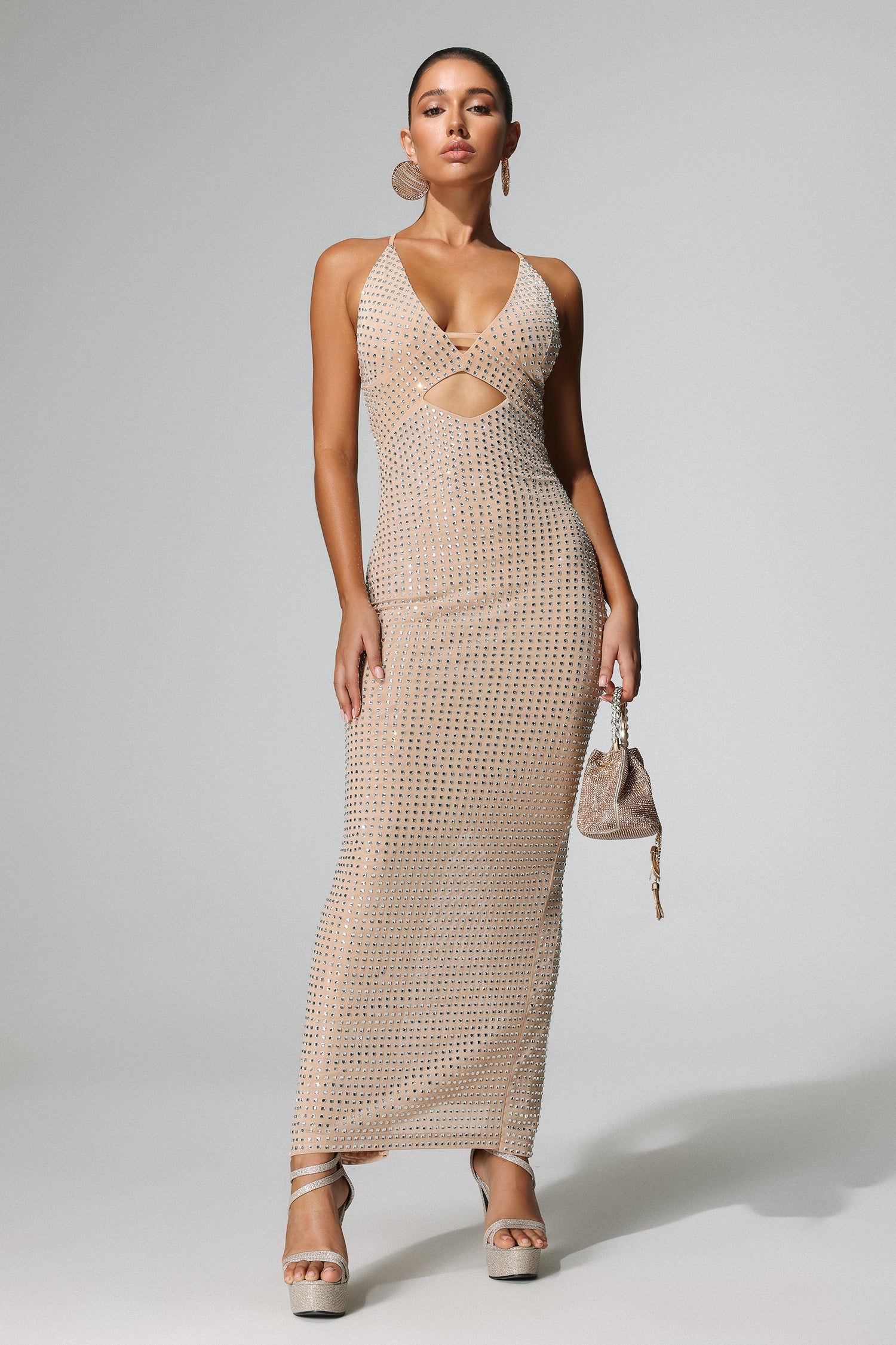 YETTA DIAMANTE SLEEVELESS MIDI MESH DRESS BEIGE