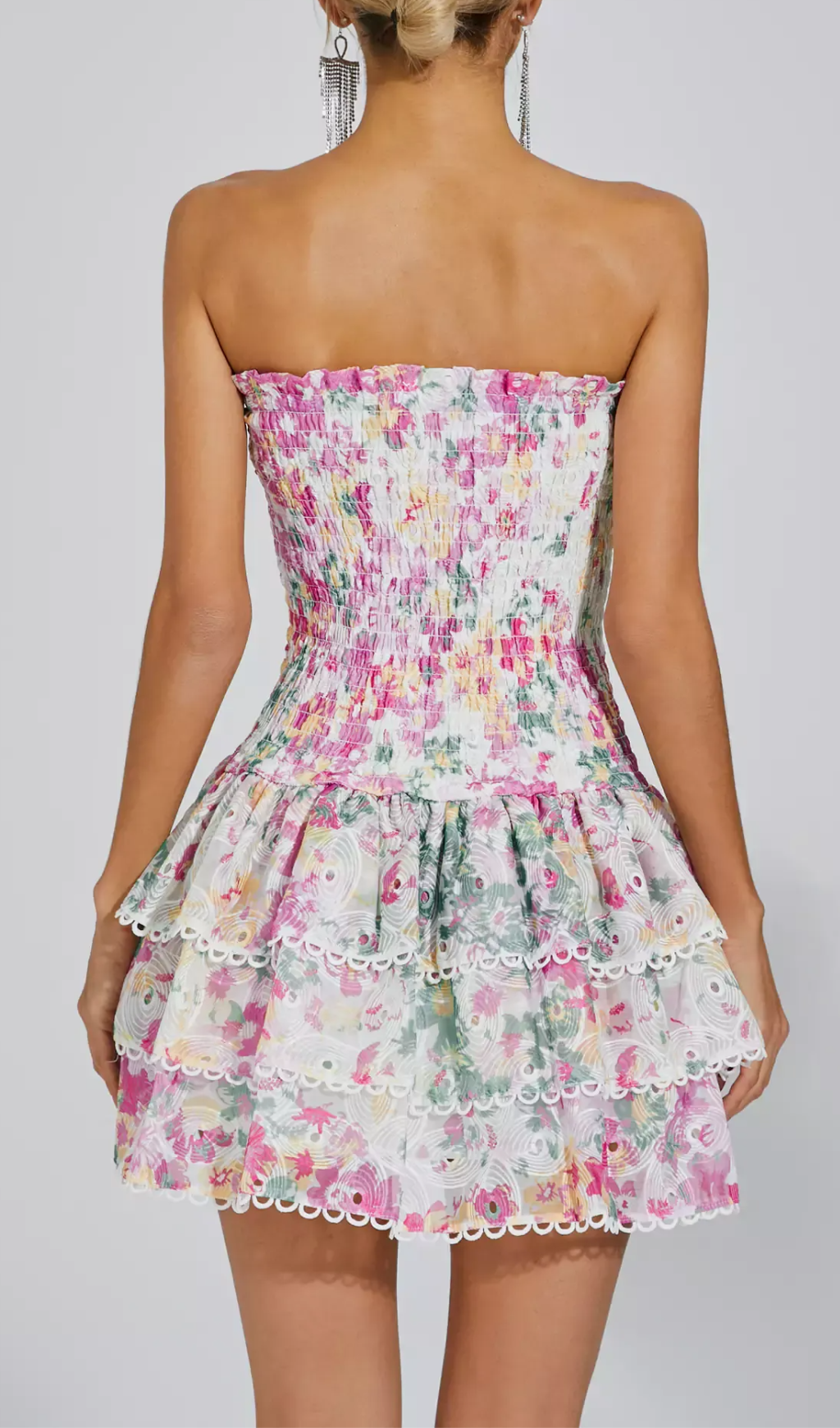 WHITE FLORAL RUCHED STRAPLESS MINI DRESS FOR PARTY