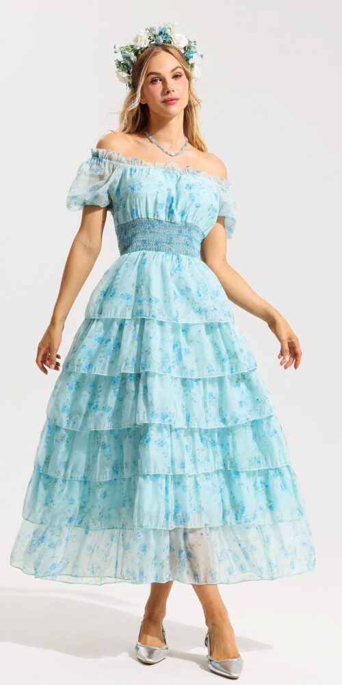 Floral Ruffle Pleated Off-Shoulder Midi Dress Blue