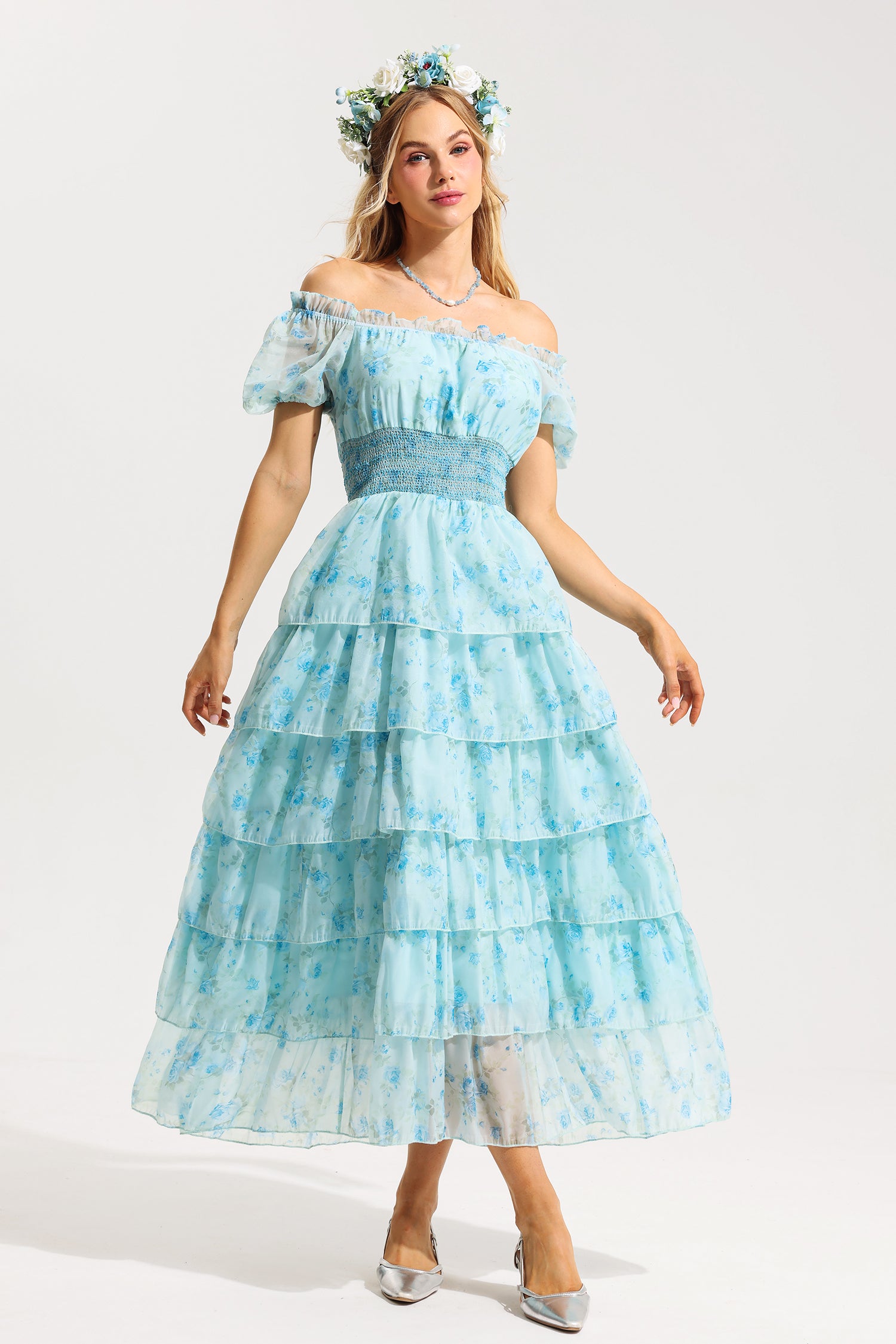 FLORAL RUFFLE OFF-SHOULDER MIDI DRESS BLUE