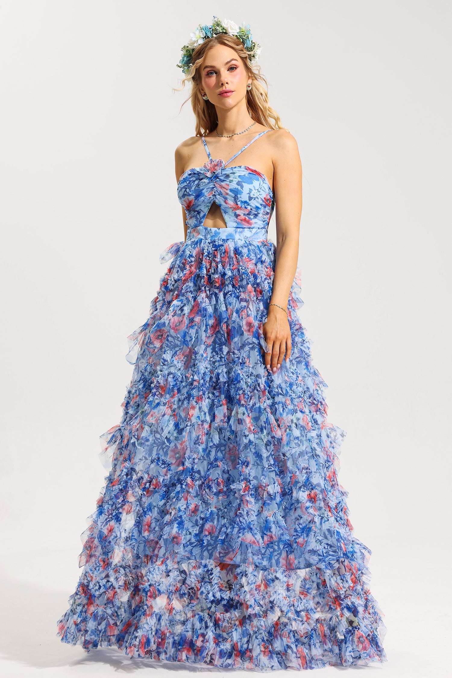 3D FLORAL HALTER FRILL MAXI DRESS, WEDDING GUEST