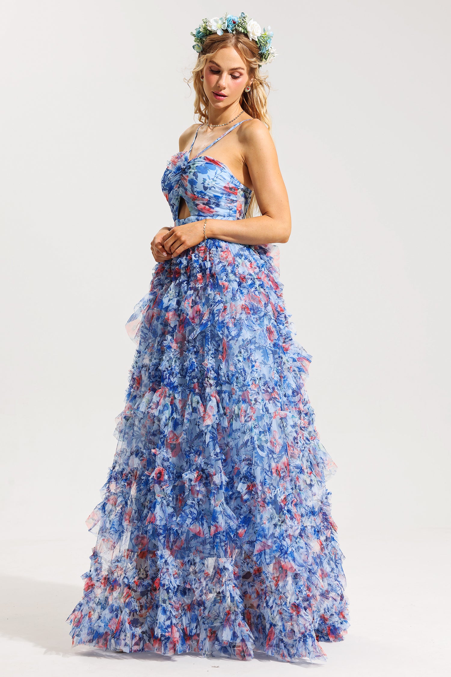 3D FLORAL HALTER FRILL MAXI DRESS, WEDDING GUEST