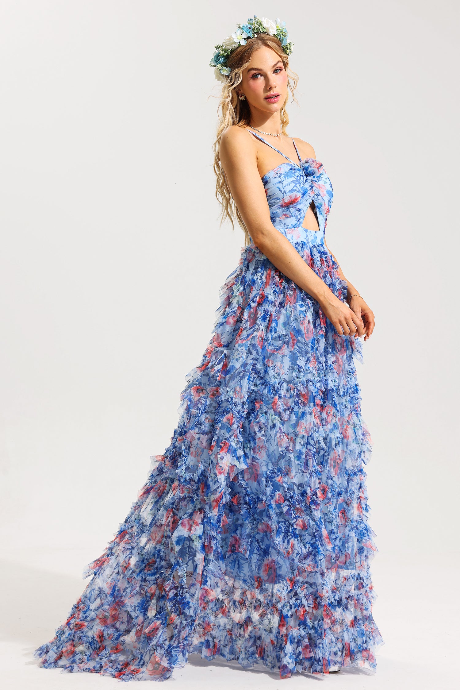 3D FLORAL HALTER FRILL MAXI DRESS, WEDDING GUEST