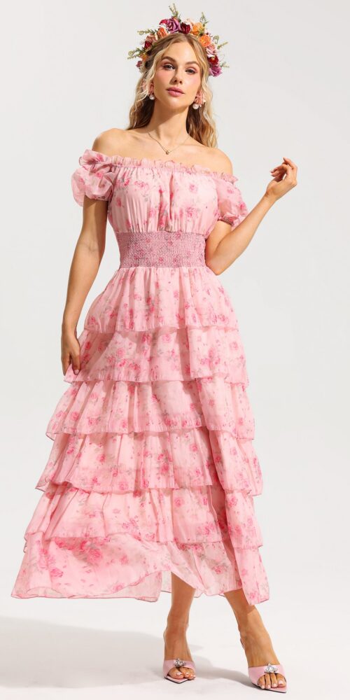 Floral Ruffle Pleated Off-Shoulder Midi Dress Pink