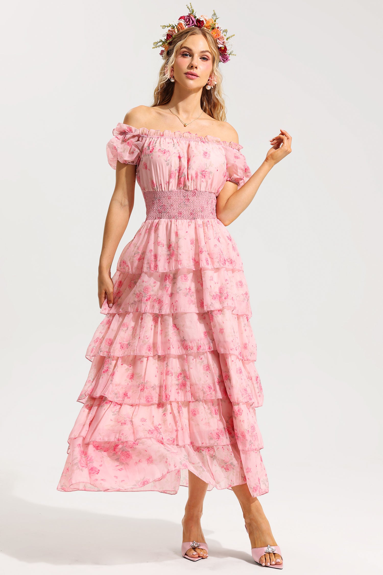 FLORAL OFF-SHOULDER RUFFLE MIDI DRESS PINK