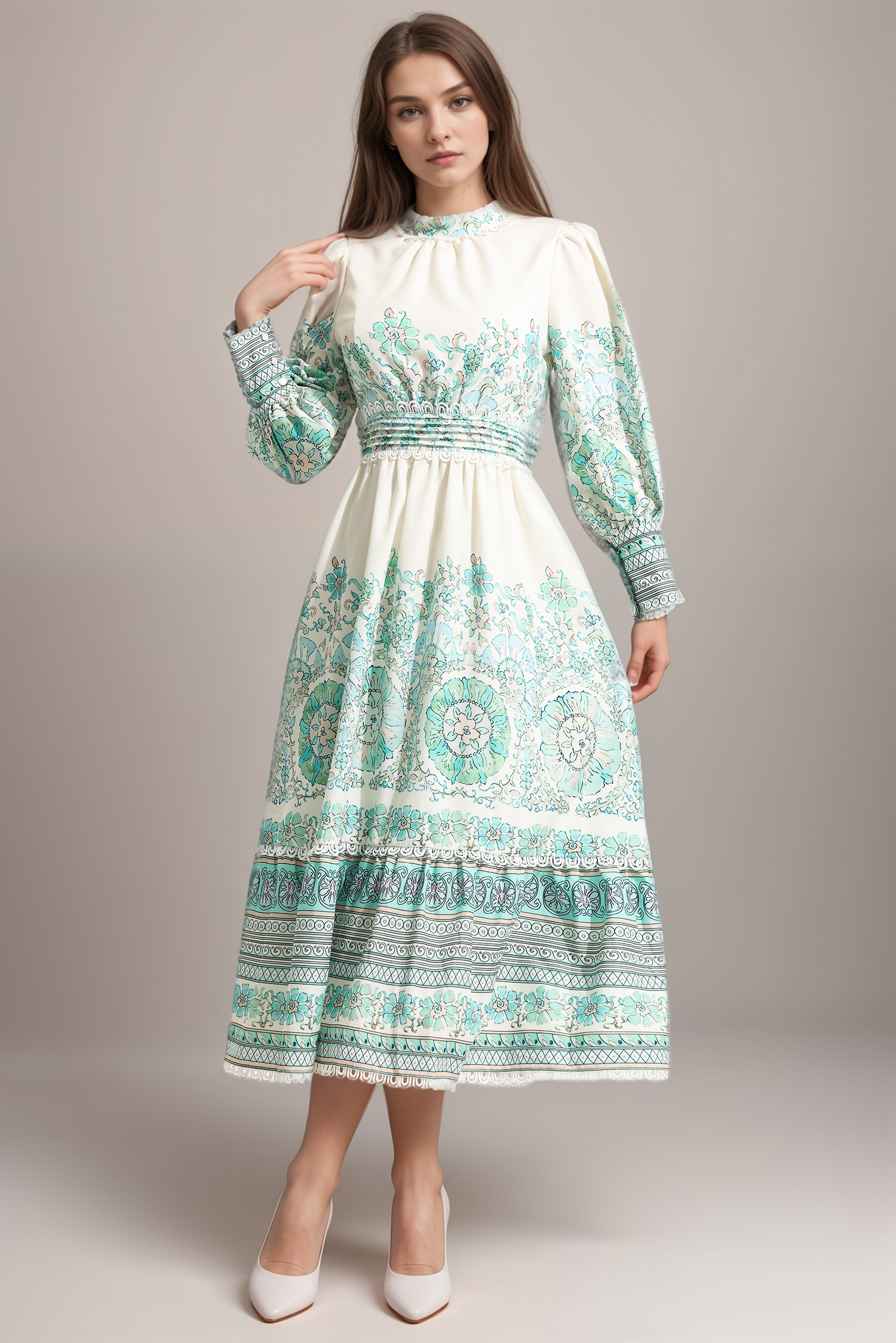 FLORAL LANTERN SLEEVE PLEATED MIDI DRESS