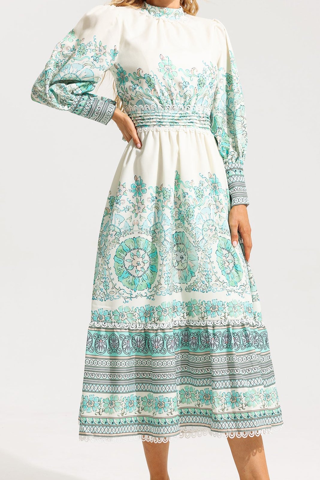 FLORAL LANTERN SLEEVE PLEATED MIDI DRESS