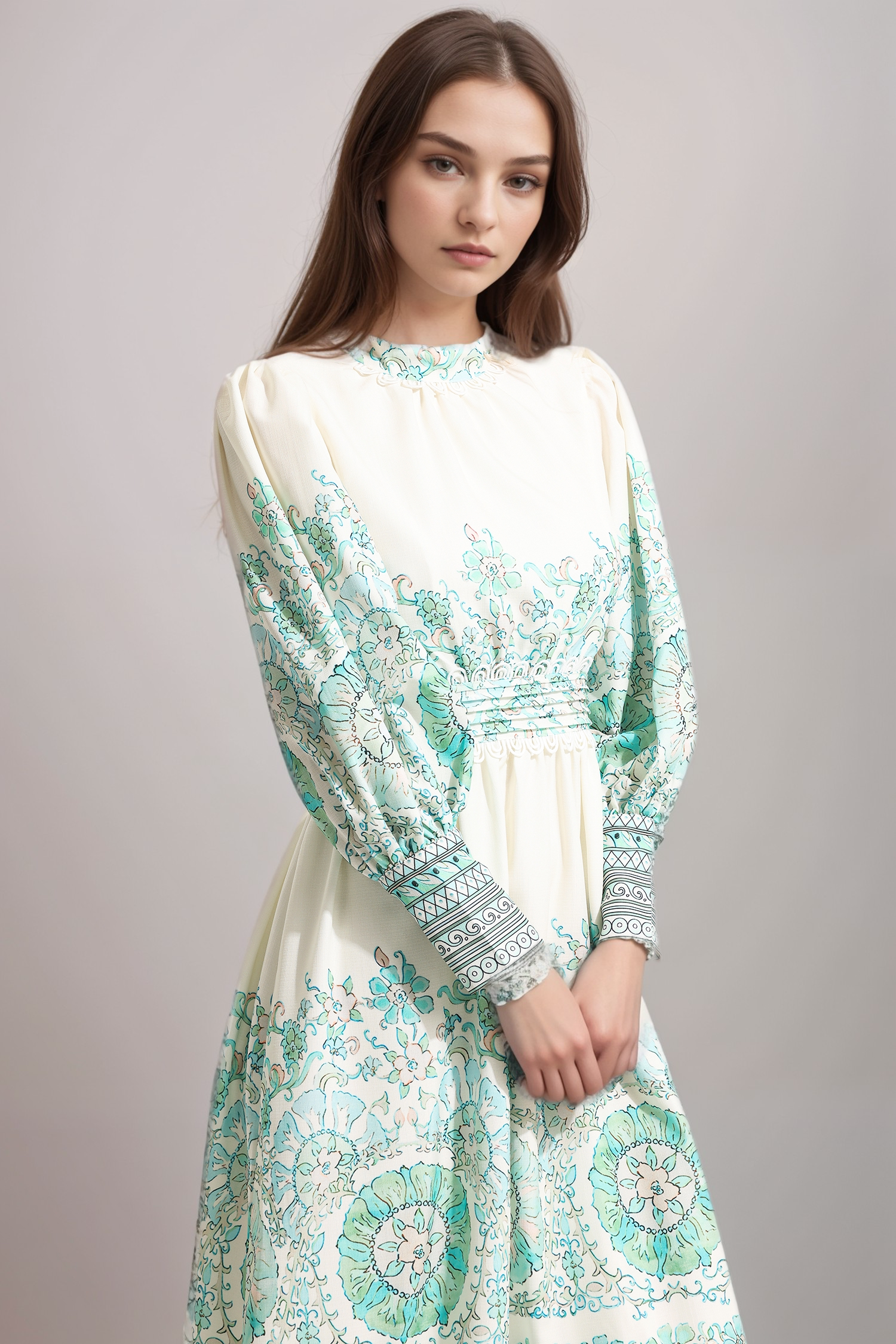 FLORAL LANTERN SLEEVE PLEATED MIDI DRESS