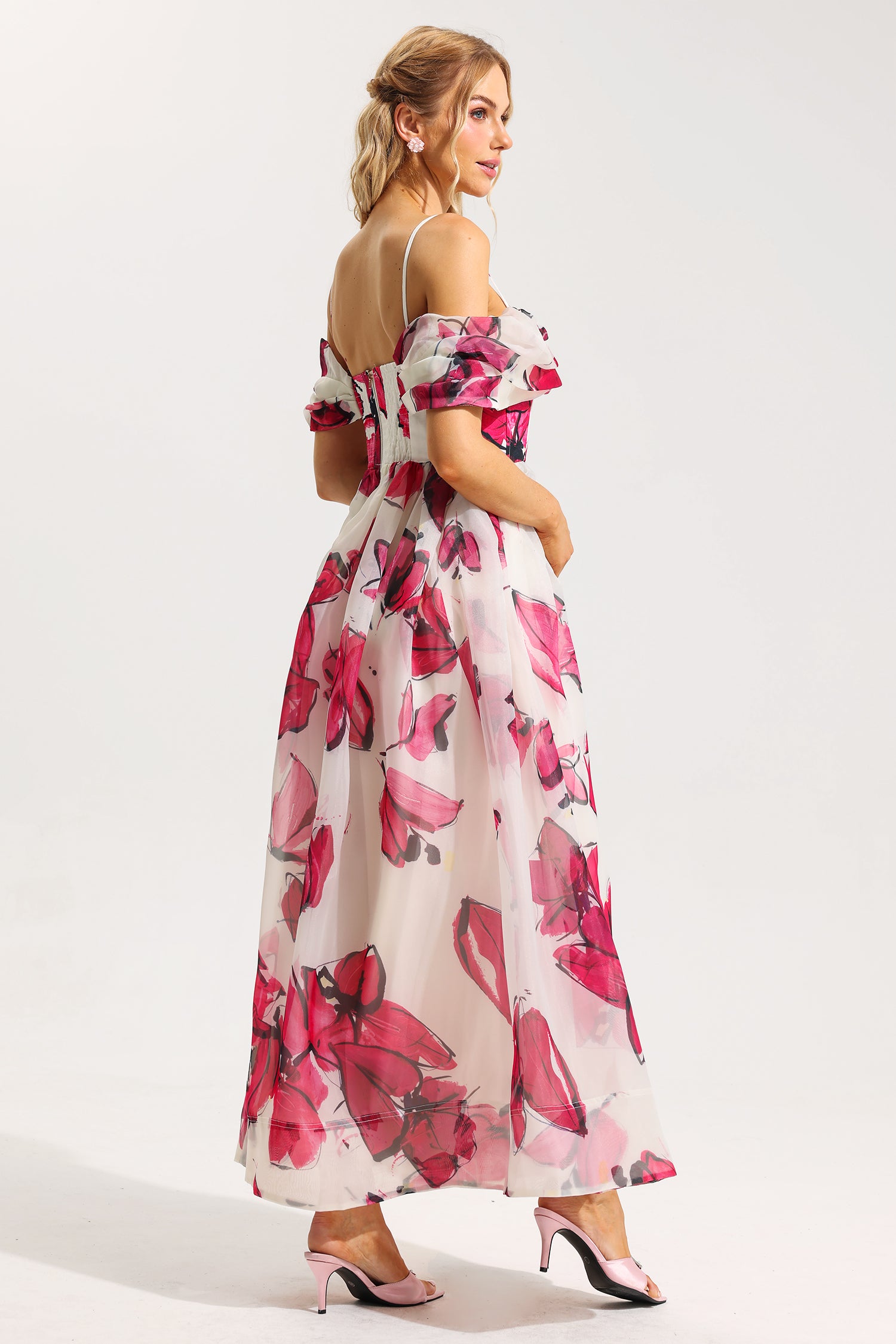 FLORAL OFF-SHOULDER PLEATED MIDI DRESS
