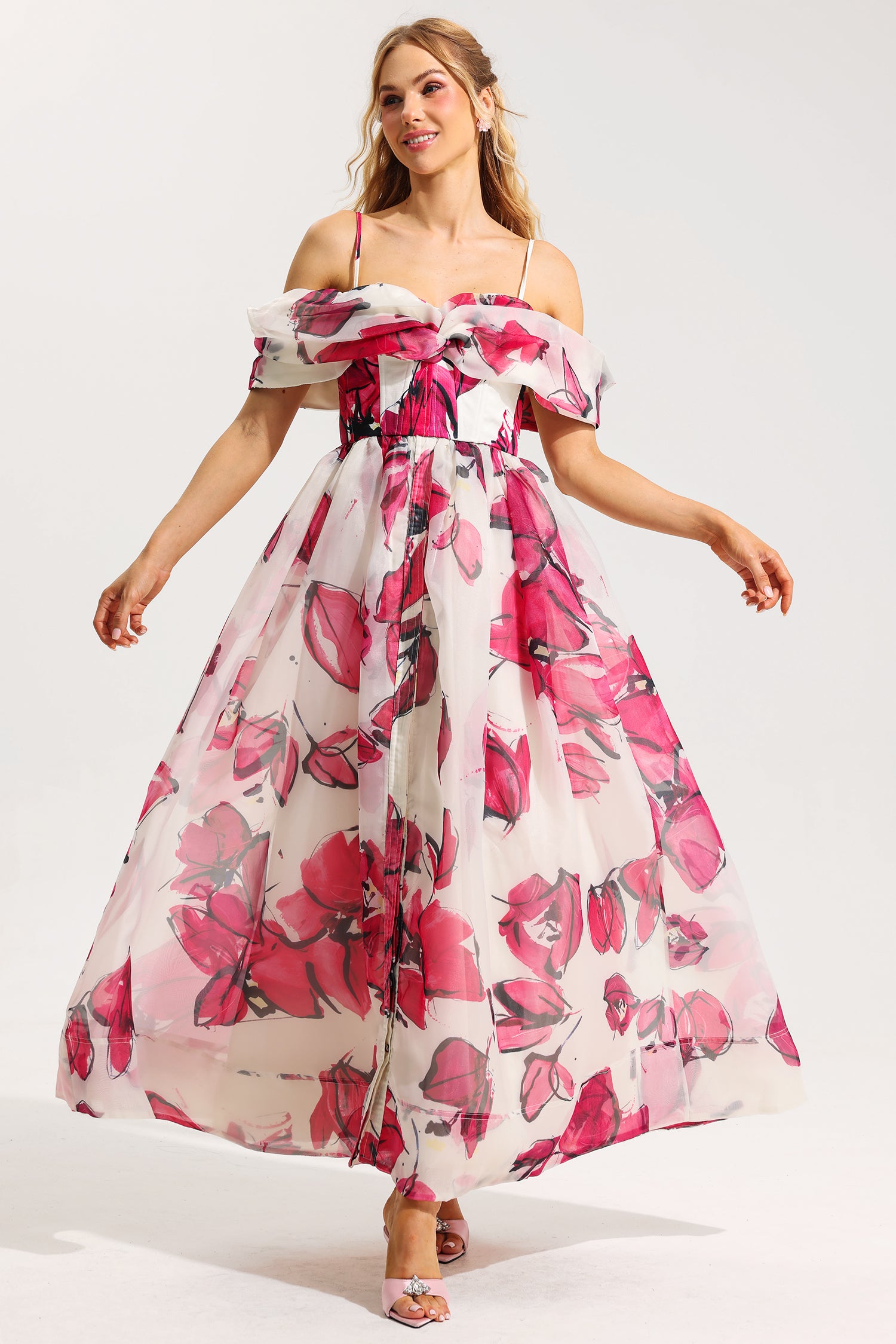 FLORAL OFF-SHOULDER PLEATED MIDI DRESS