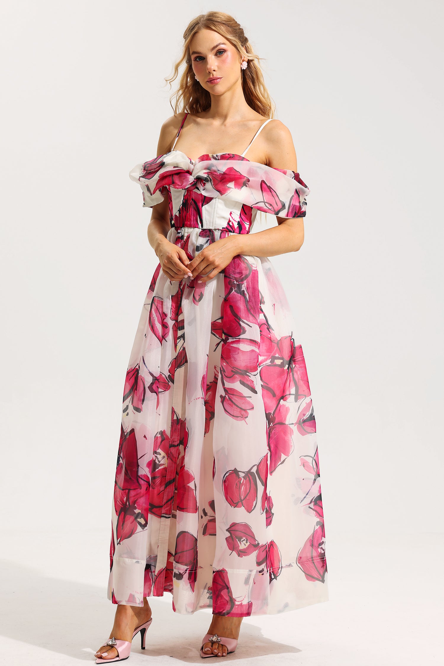 FLORAL OFF-SHOULDER PLEATED MIDI DRESS
