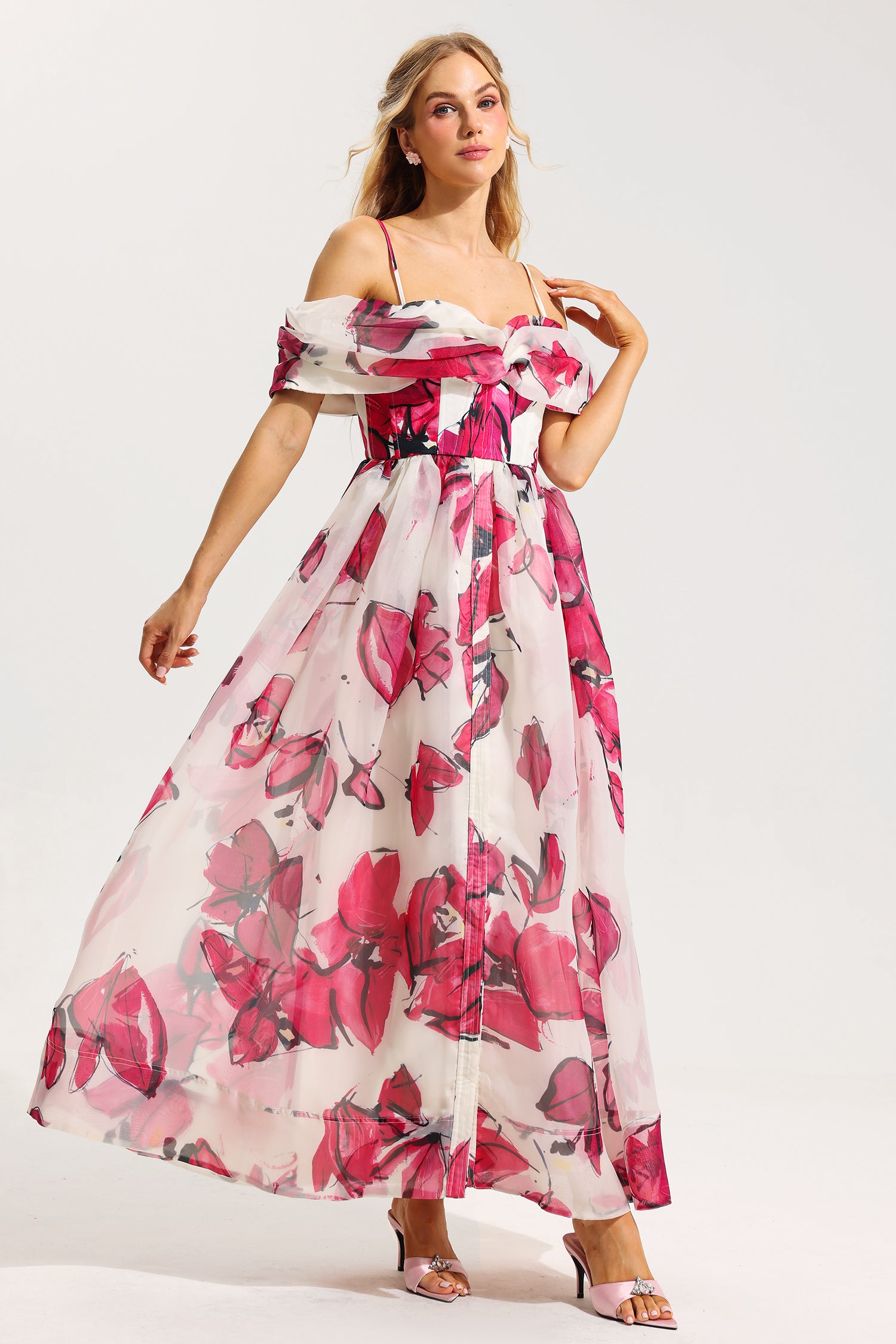 FLORAL OFF-SHOULDER PLEATED MIDI DRESS