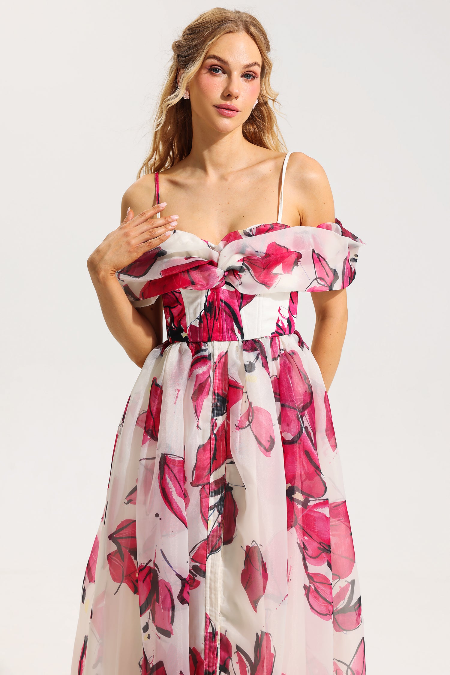 FLORAL OFF-SHOULDER PLEATED MIDI DRESS