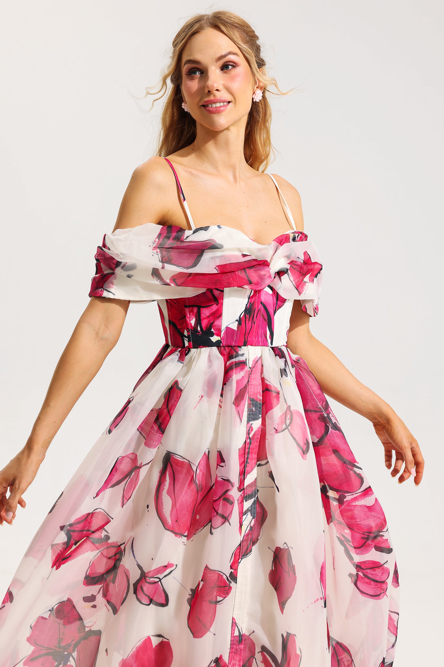 FLORAL OFF-SHOULDER PLEATED MIDI DRESS