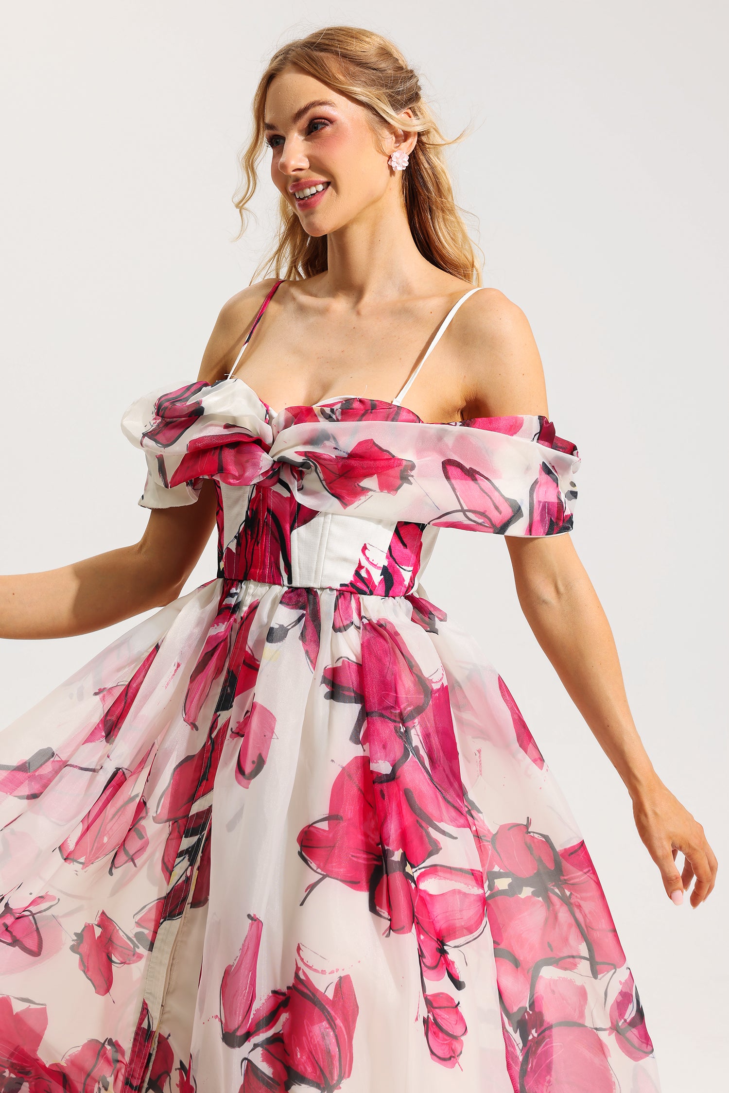 FLORAL OFF-SHOULDER PLEATED MIDI DRESS