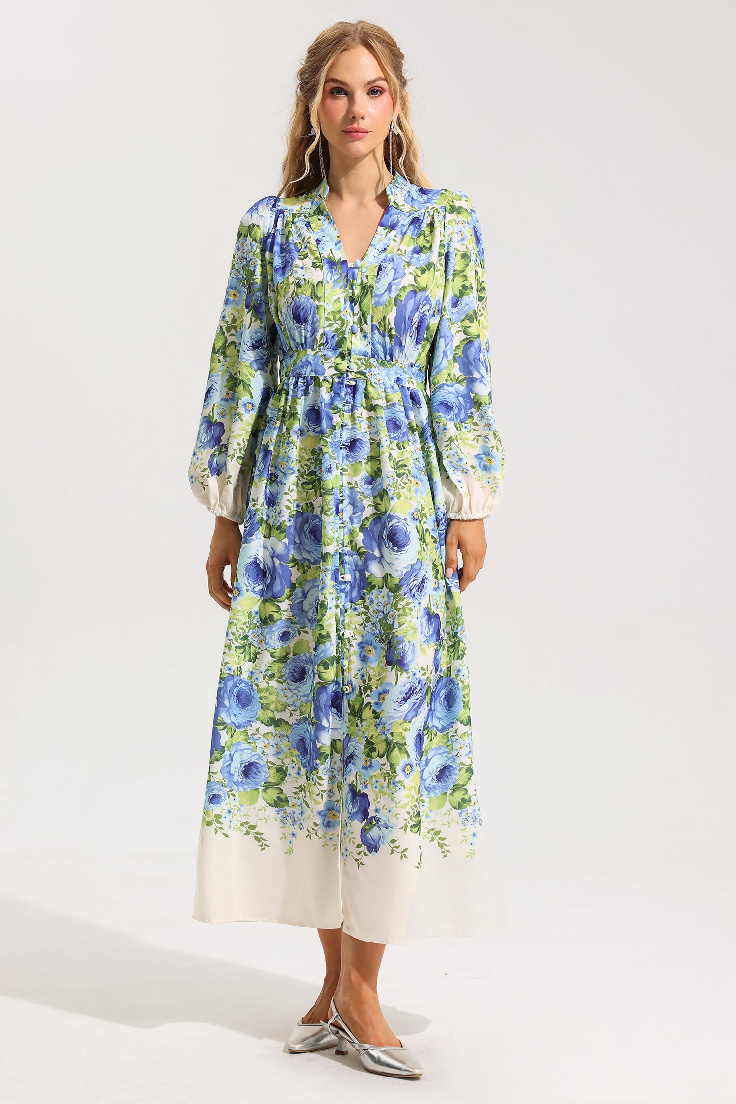 FLORAL LANTERN SLEEVE MIDI DRESS FOR WEDDING