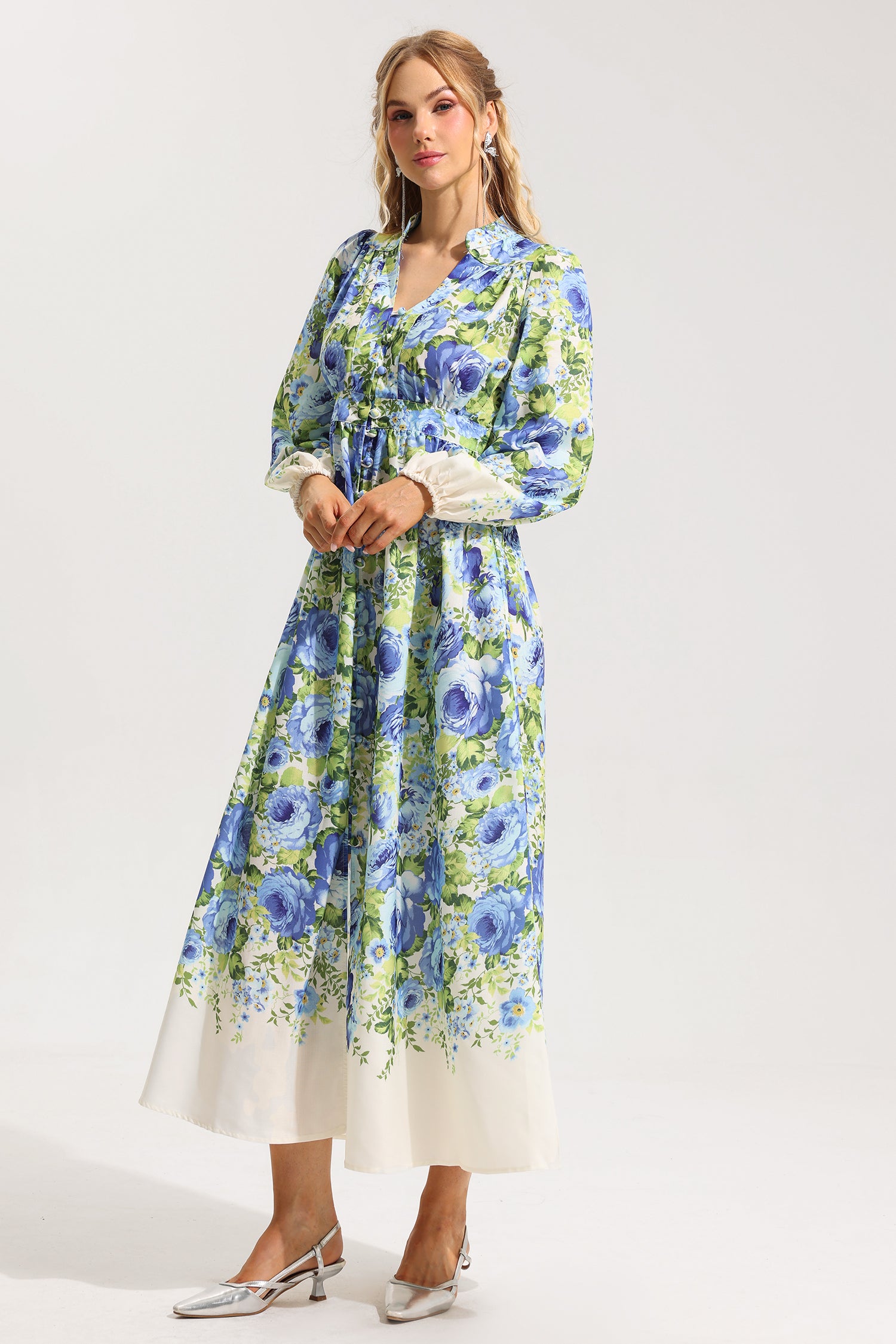 FLORAL LANTERN SLEEVE MIDI DRESS FOR WEDDING