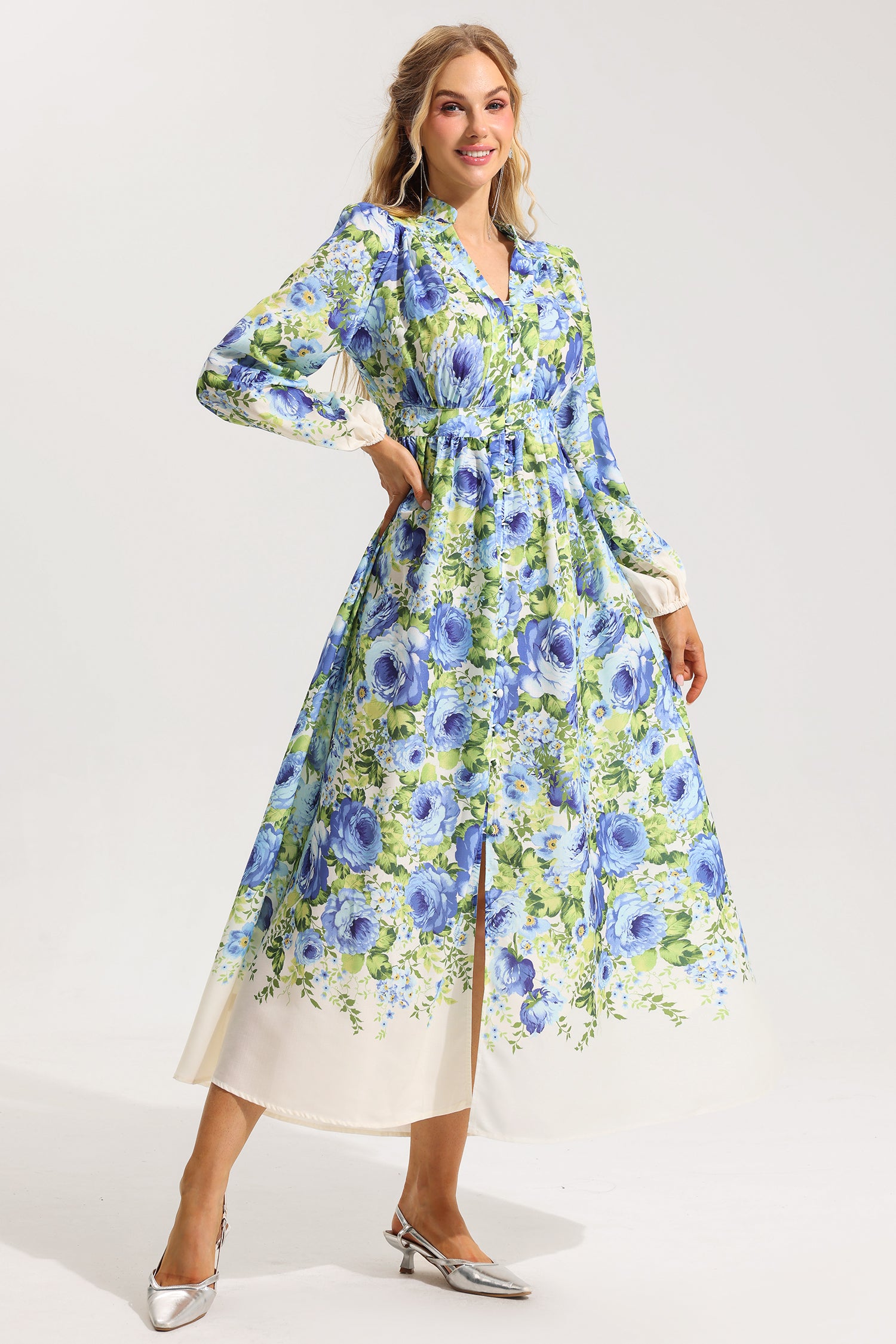 FLORAL LANTERN SLEEVE MIDI DRESS FOR WEDDING