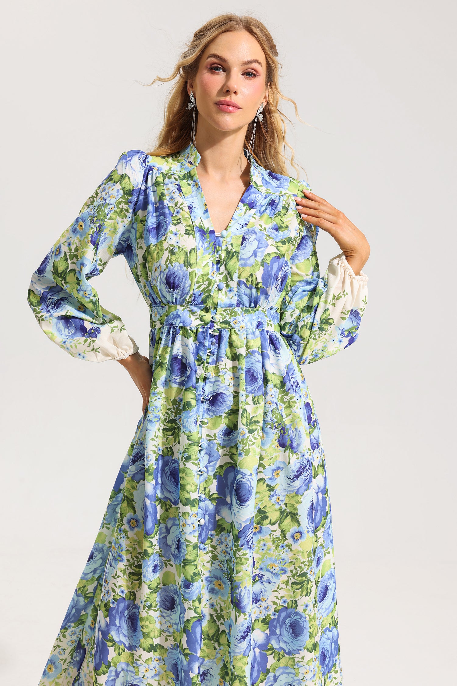 FLORAL LANTERN SLEEVE MIDI DRESS FOR WEDDING