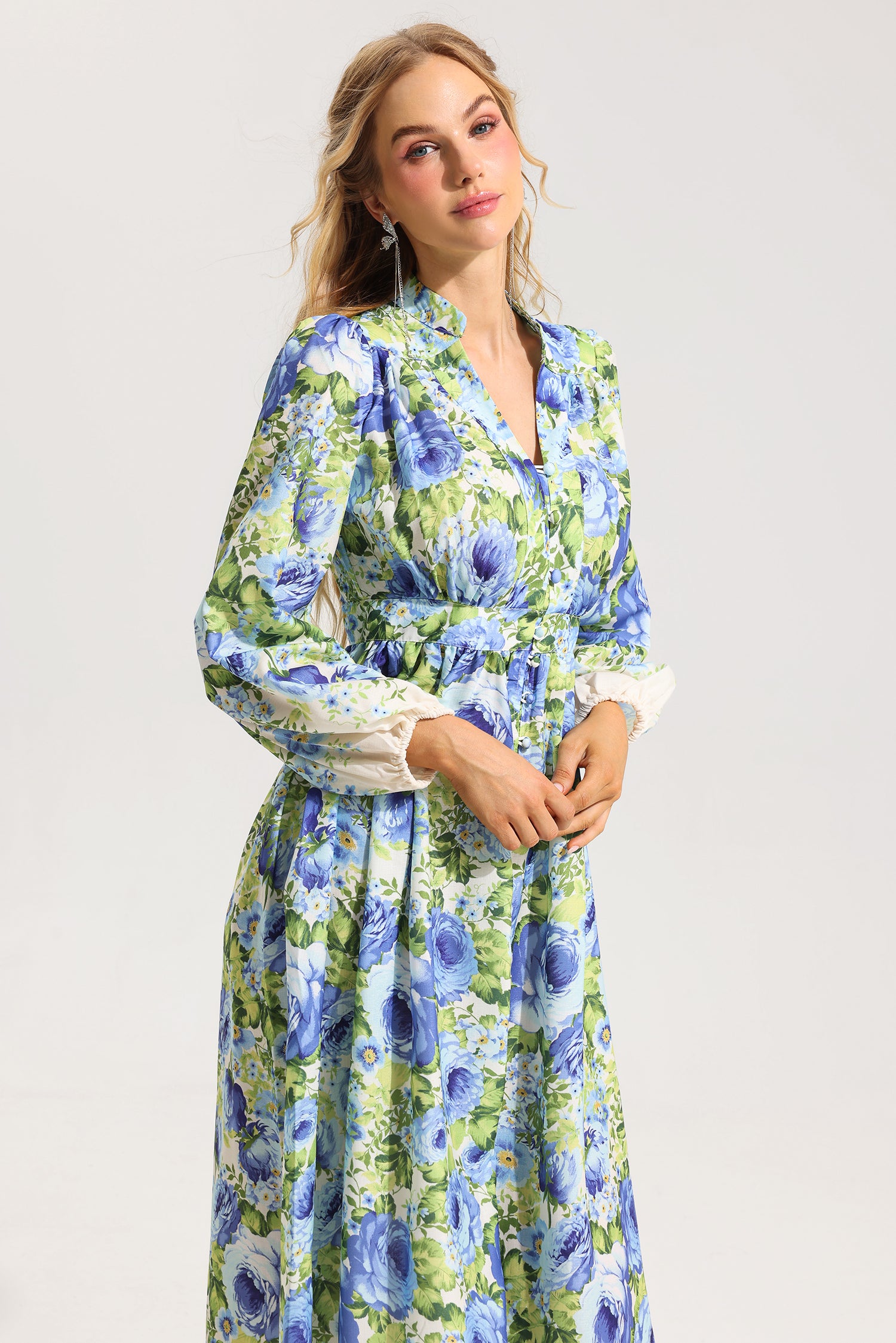 FLORAL LANTERN SLEEVE MIDI DRESS FOR WEDDING