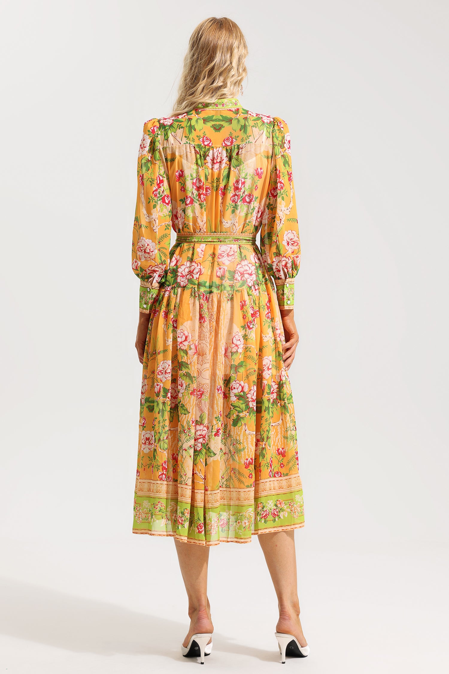 FLORAL LANTERN SLEEVE MIDI DRESS WITH BELT