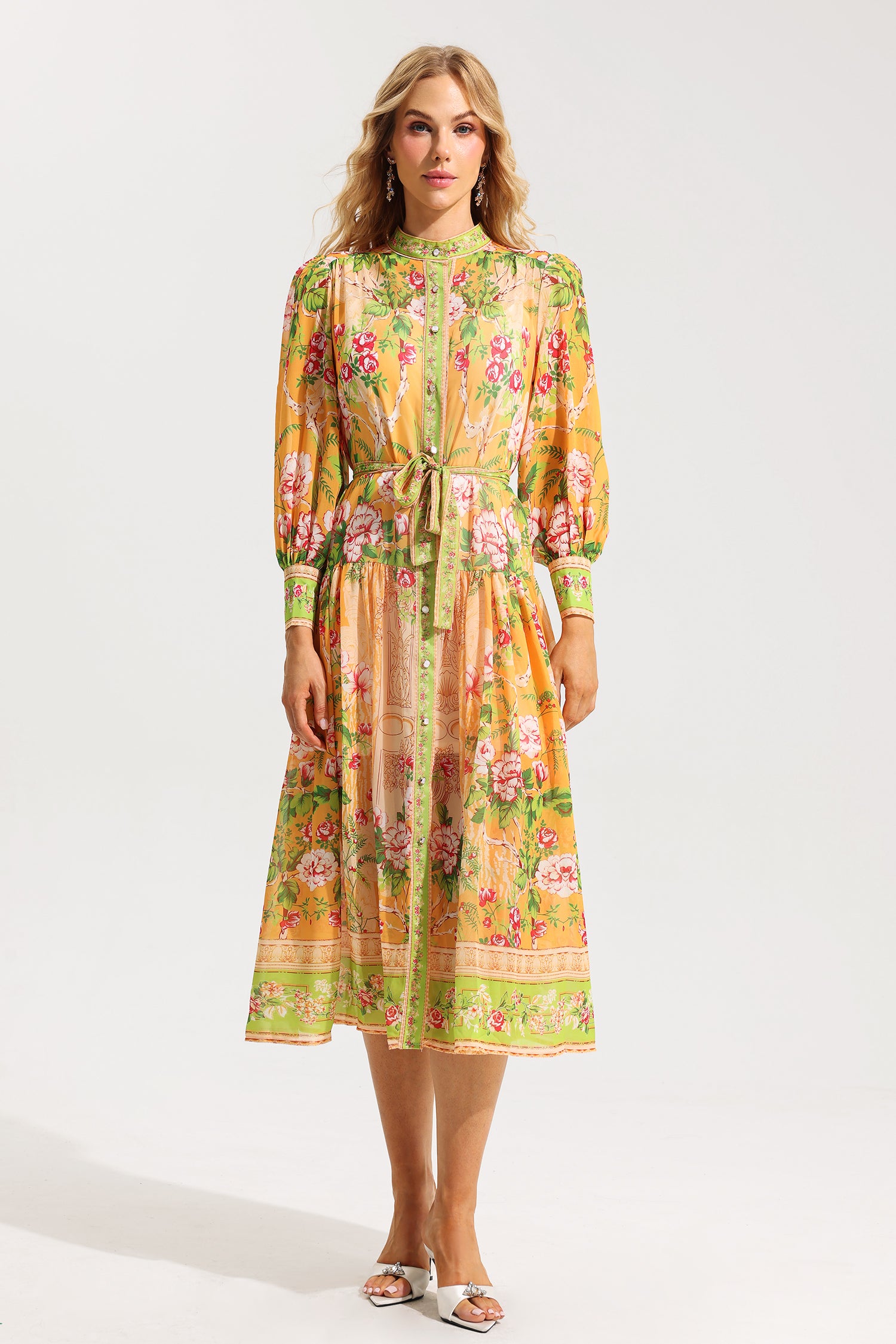 FLORAL LANTERN SLEEVE MIDI DRESS WITH BELT