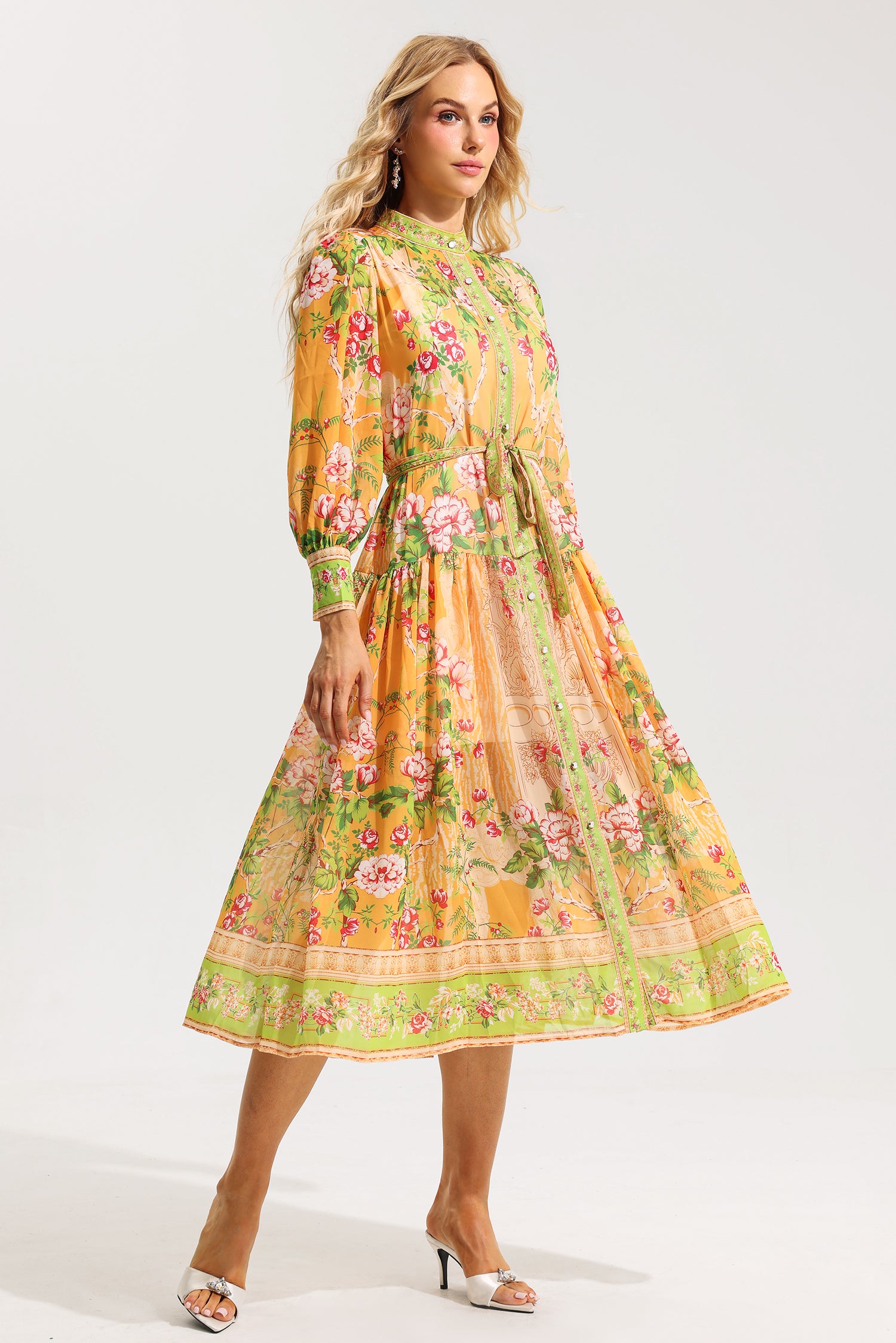 FLORAL LANTERN SLEEVE MIDI DRESS WITH BELT