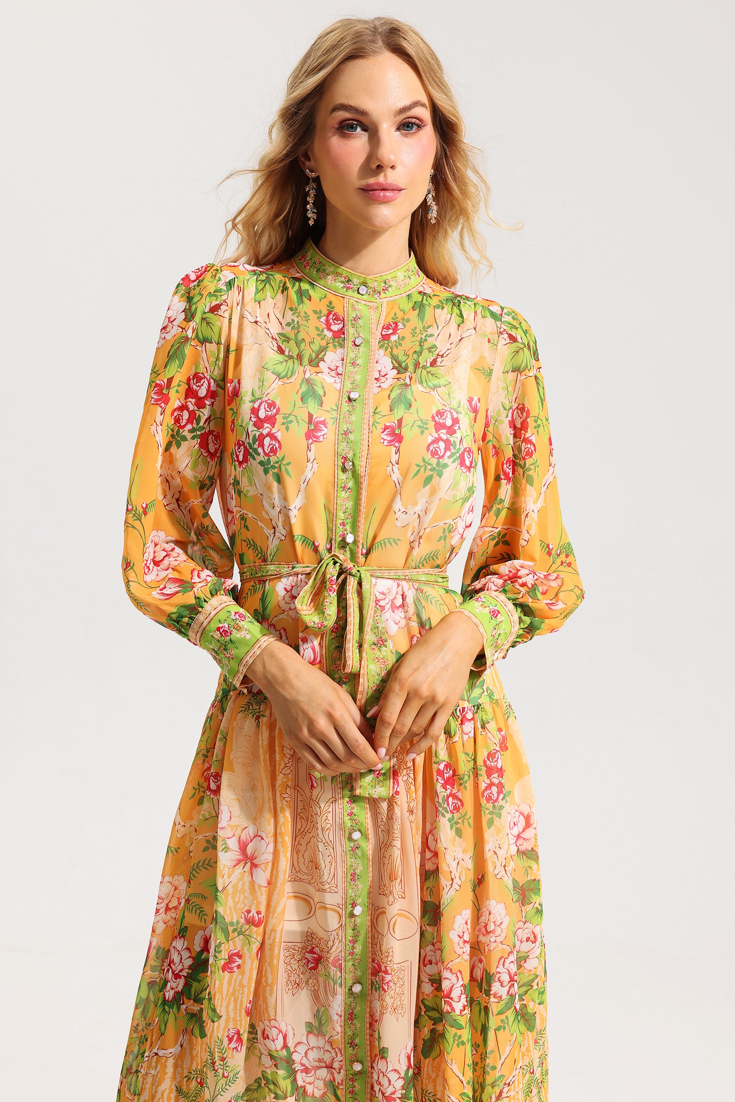 FLORAL LANTERN SLEEVE MIDI DRESS WITH BELT