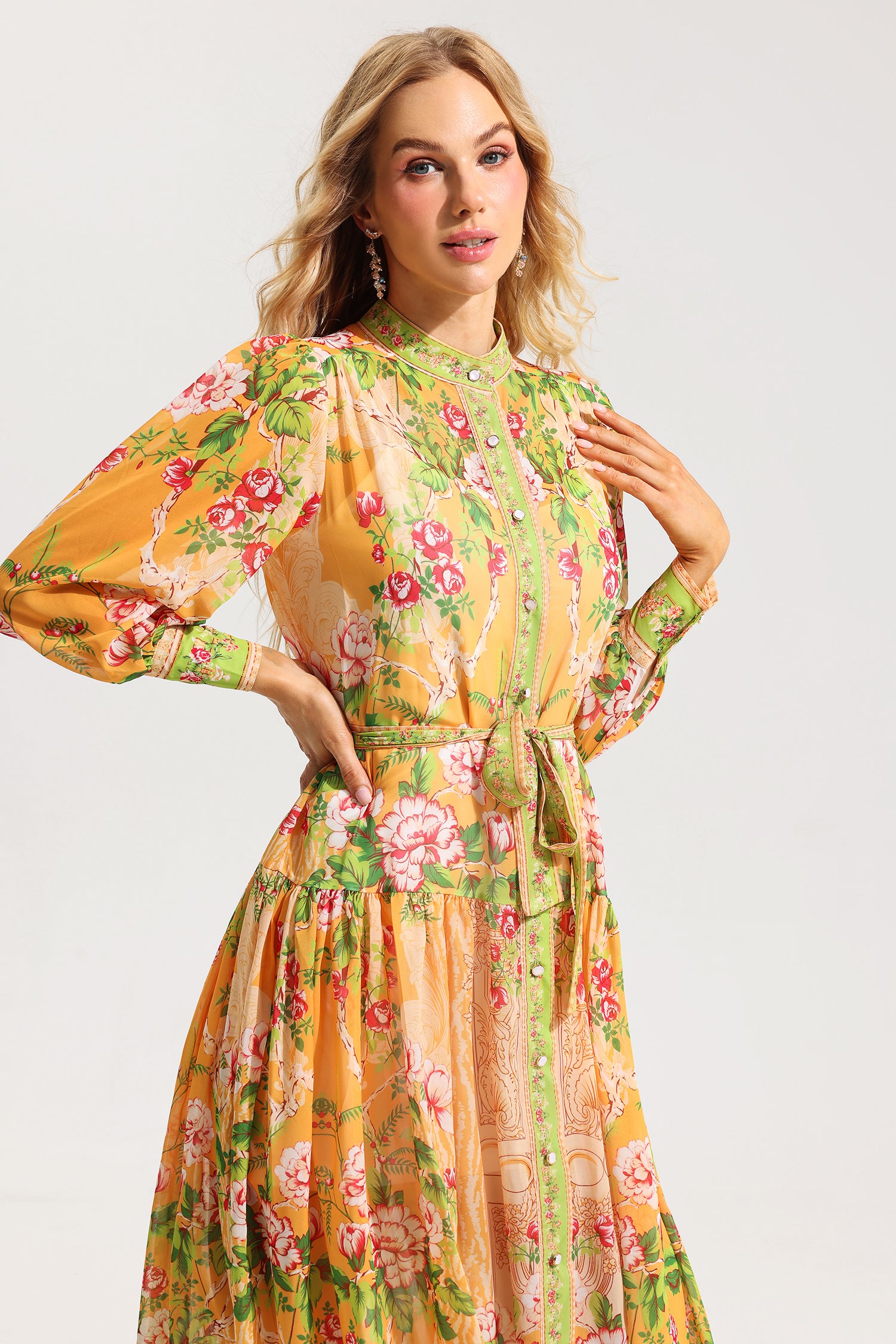 FLORAL LANTERN SLEEVE MIDI DRESS WITH BELT