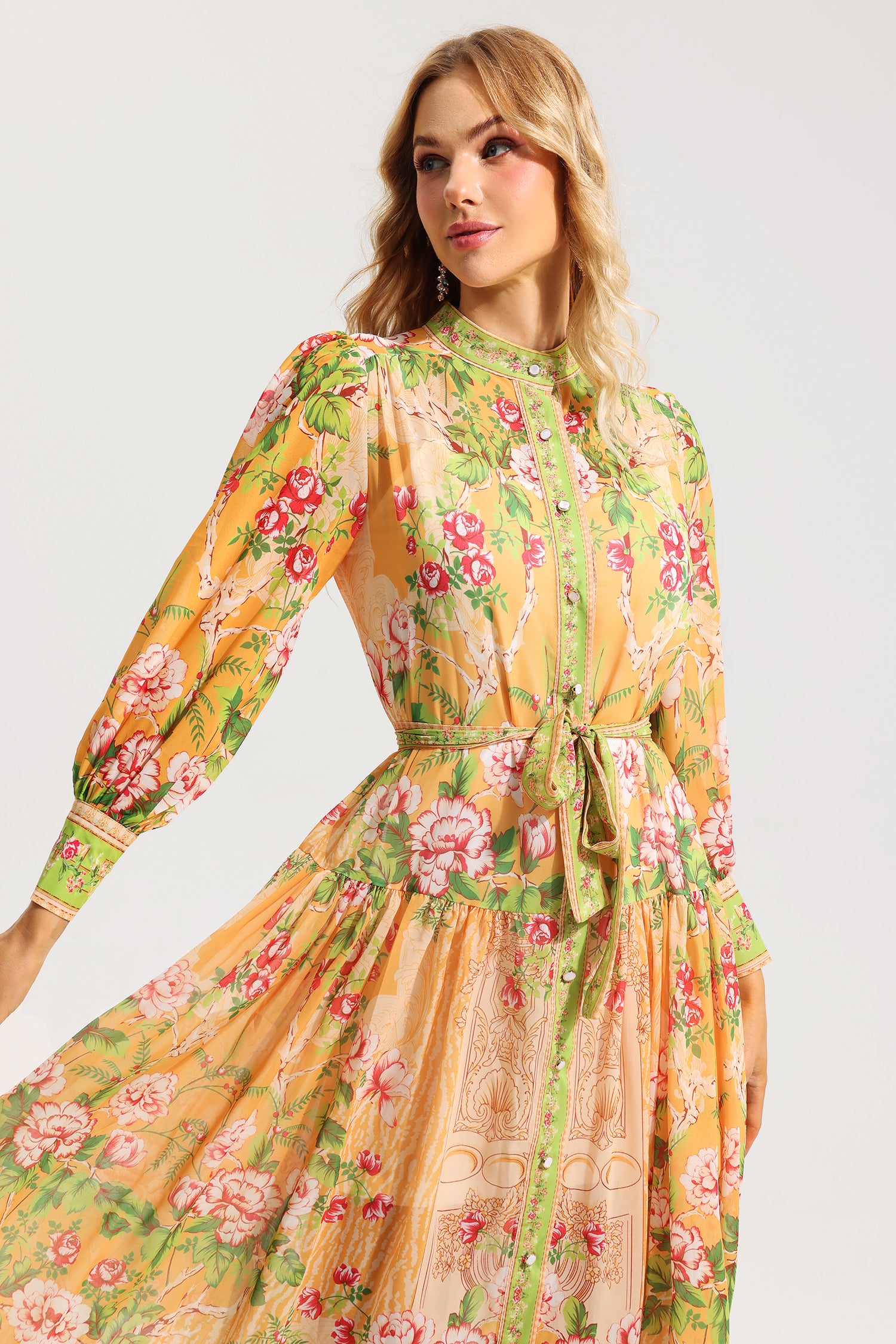 FLORAL LANTERN SLEEVE MIDI DRESS WITH BELT