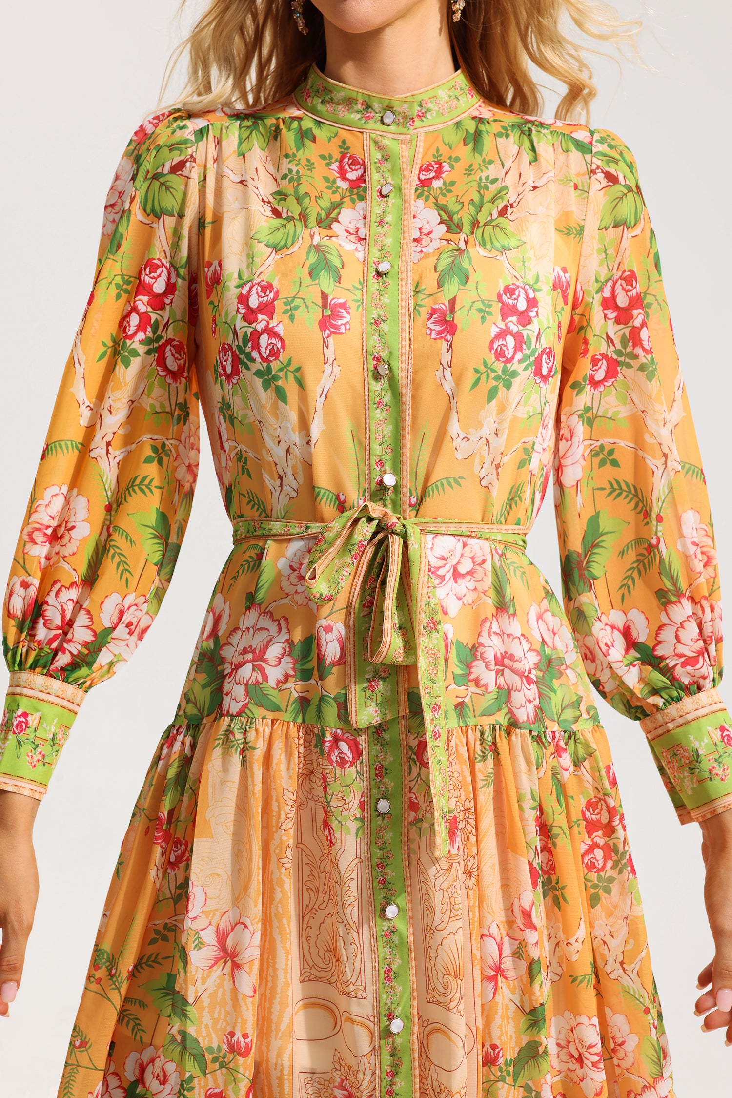FLORAL LANTERN SLEEVE MIDI DRESS WITH BELT