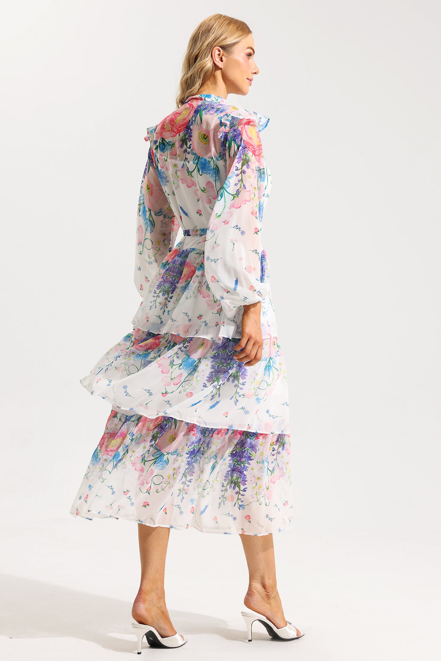 FLORAL BELTED MIDI DRESS WITH RUFFLE SLEEVES
