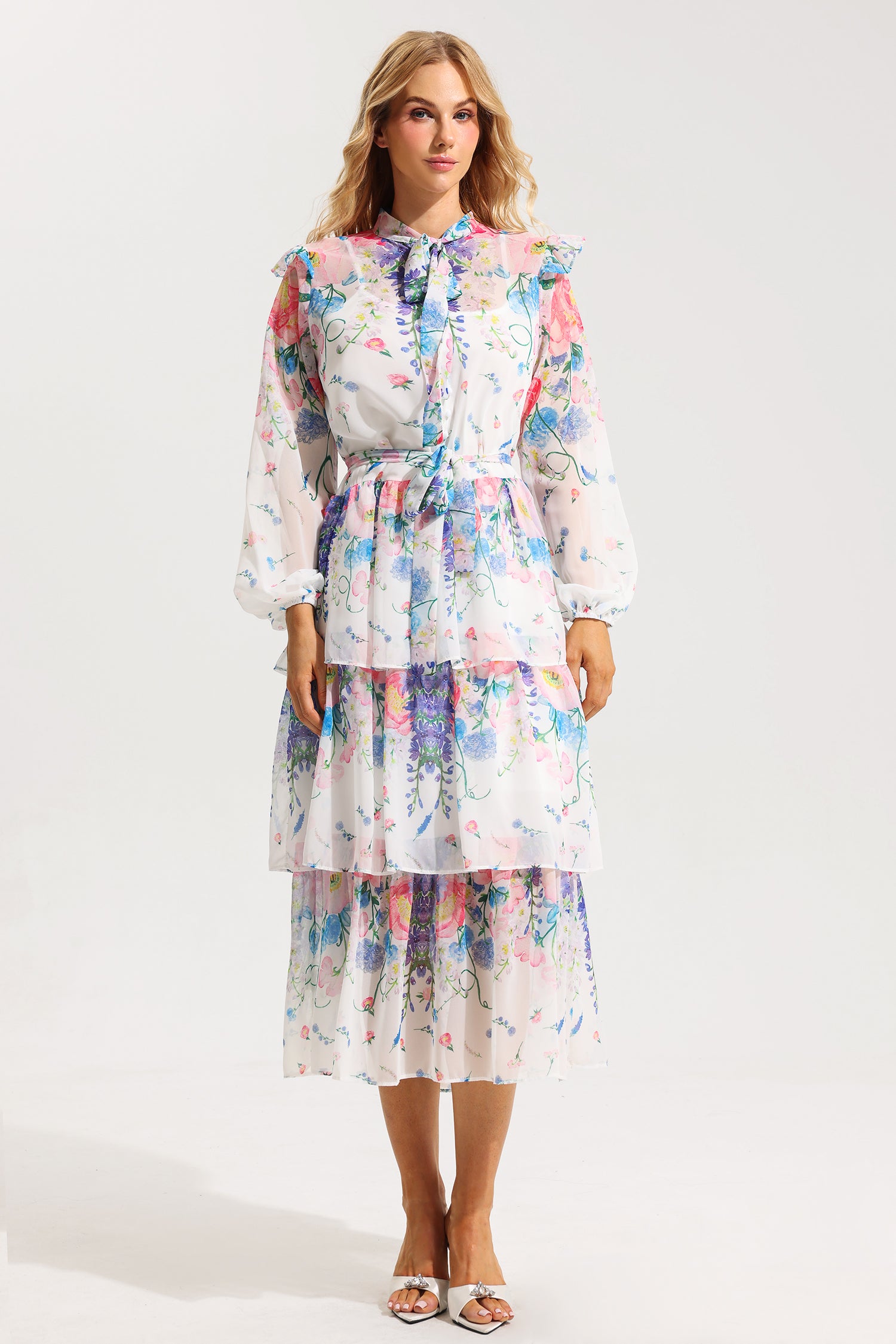 FLORAL BELTED MIDI DRESS WITH RUFFLE SLEEVES