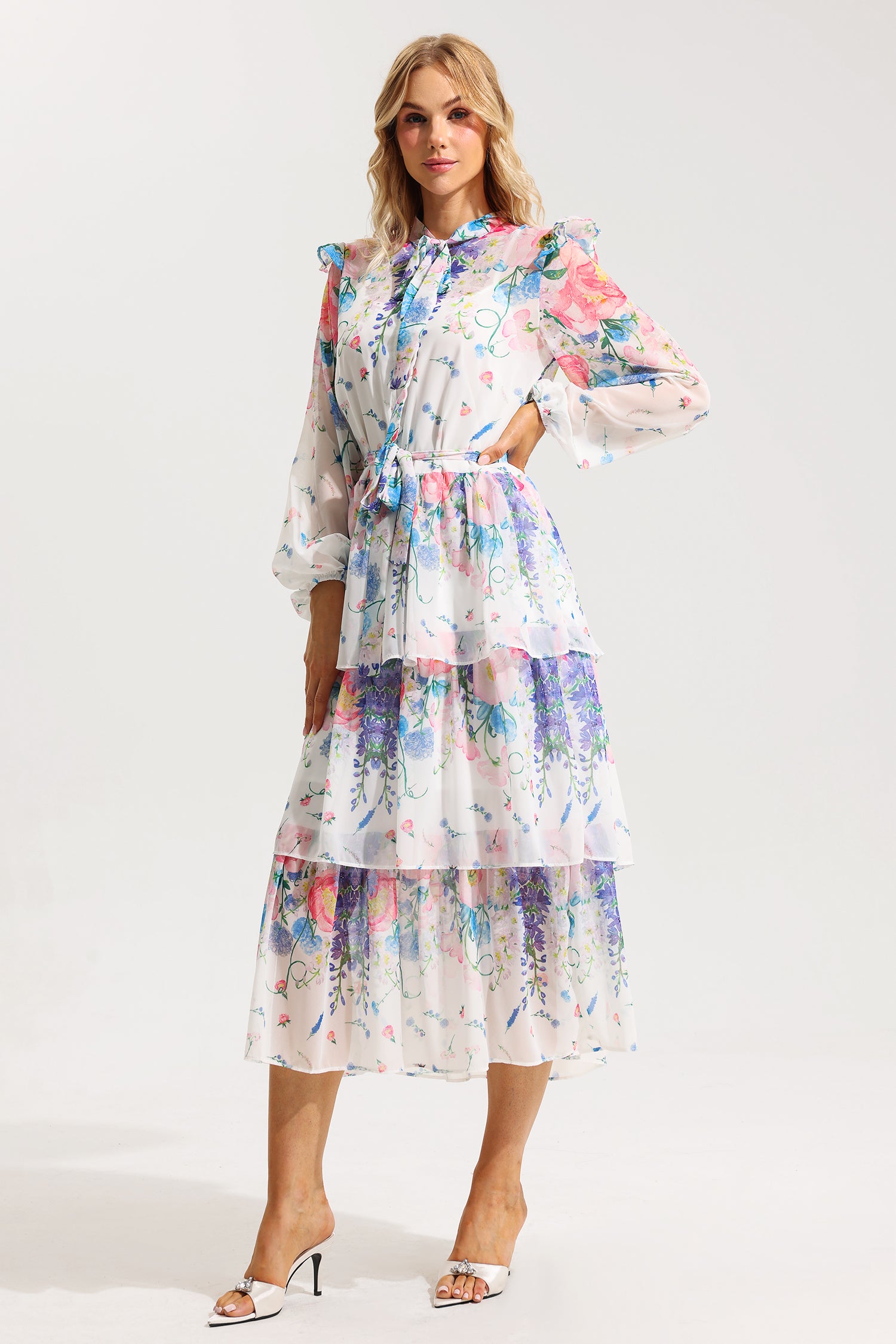 FLORAL BELTED MIDI DRESS WITH RUFFLE SLEEVES