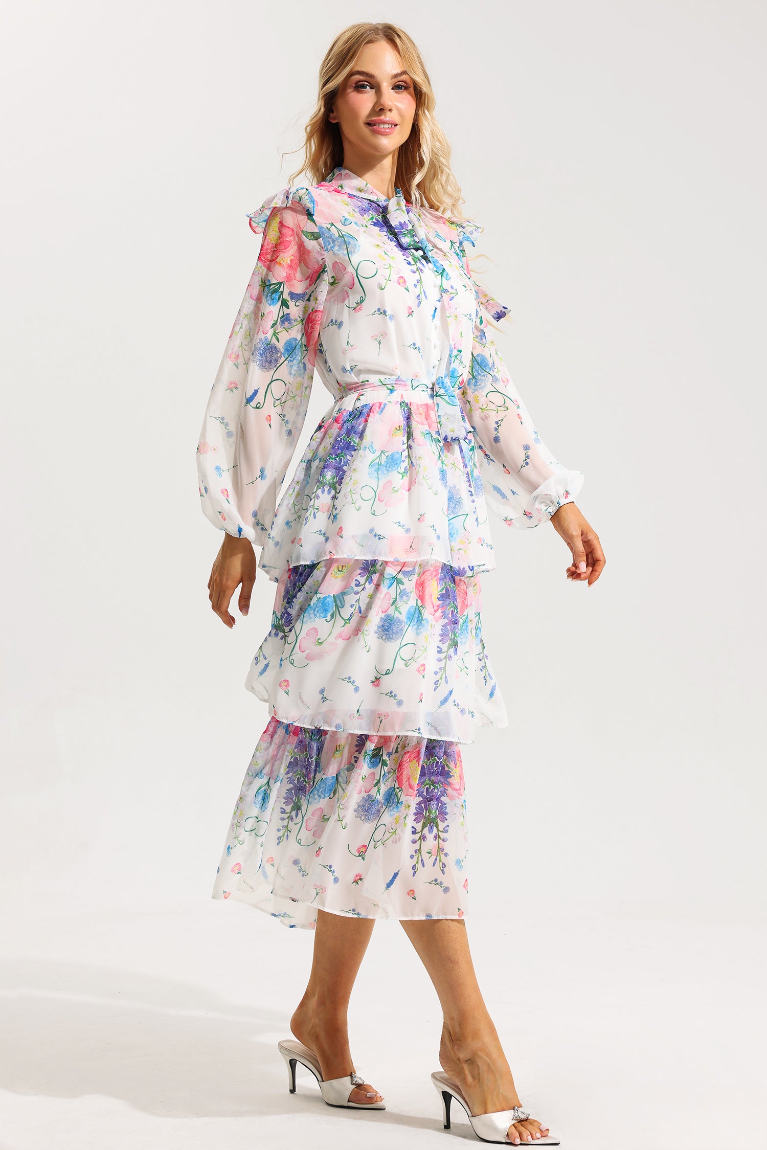 FLORAL BELTED MIDI DRESS WITH RUFFLE SLEEVES