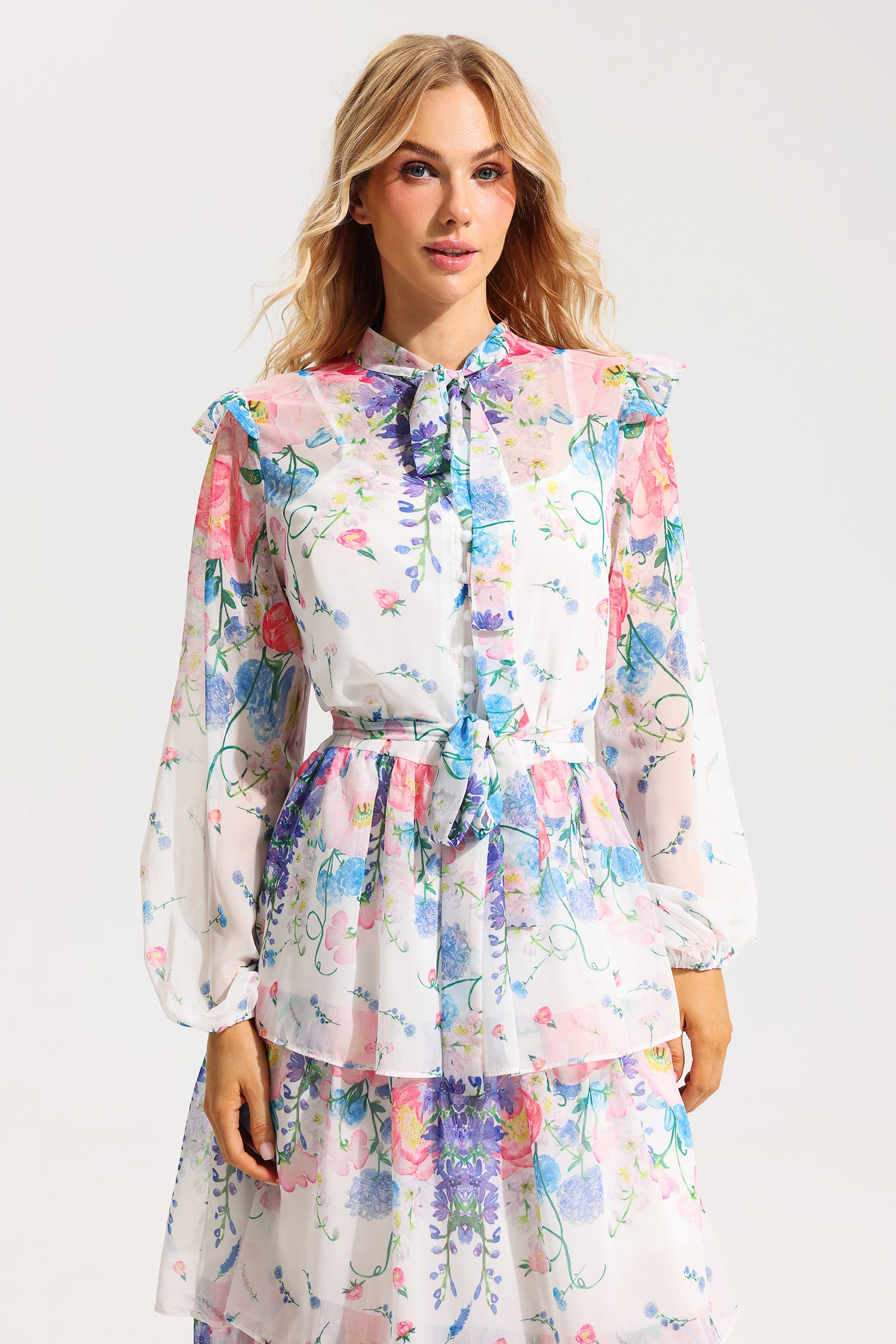 FLORAL BELTED MIDI DRESS WITH RUFFLE SLEEVES