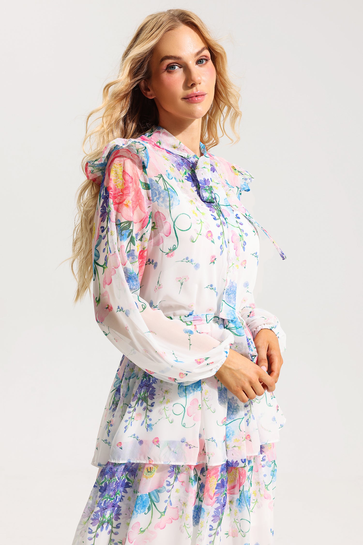 FLORAL BELTED MIDI DRESS WITH RUFFLE SLEEVES