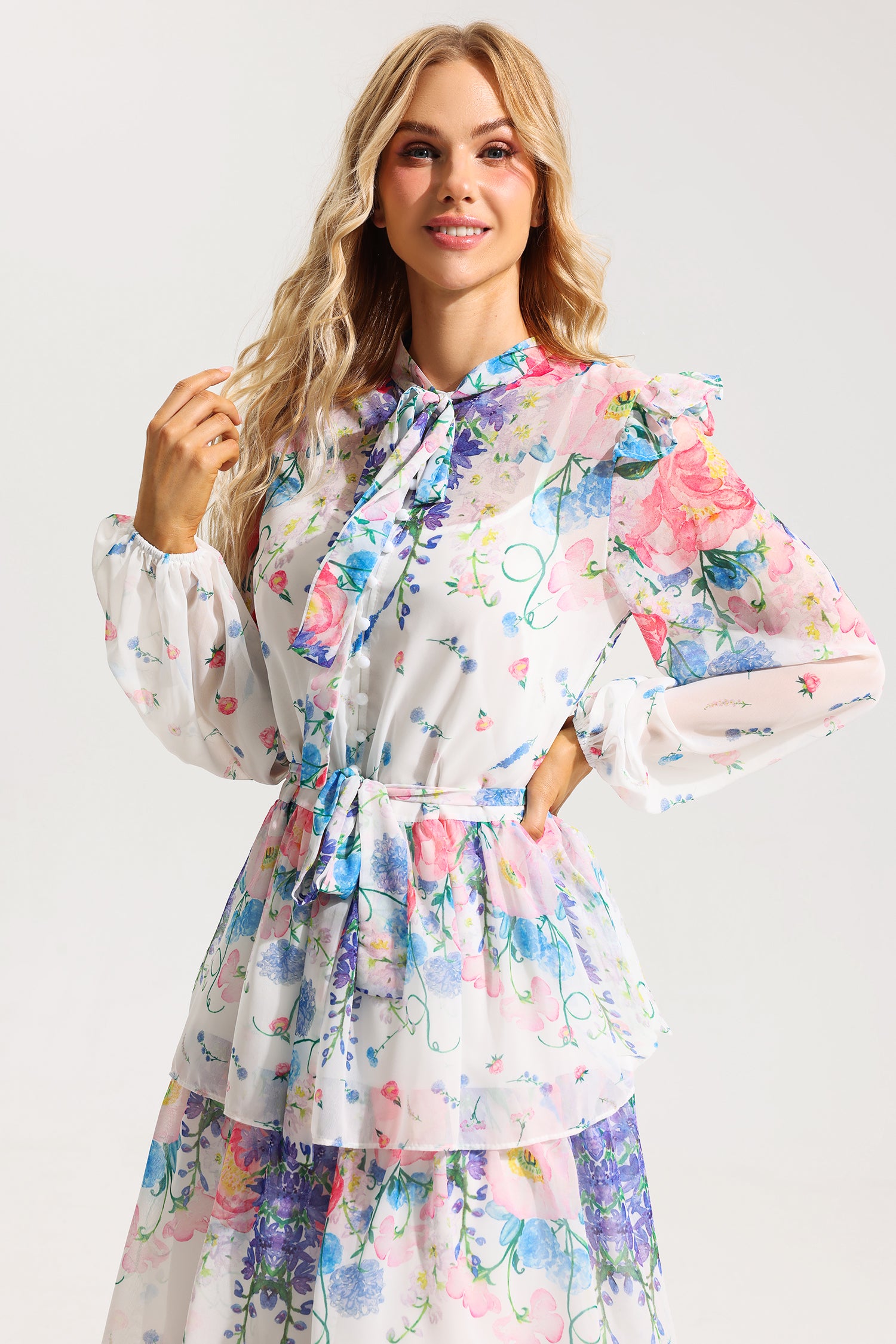 FLORAL BELTED MIDI DRESS WITH RUFFLE SLEEVES