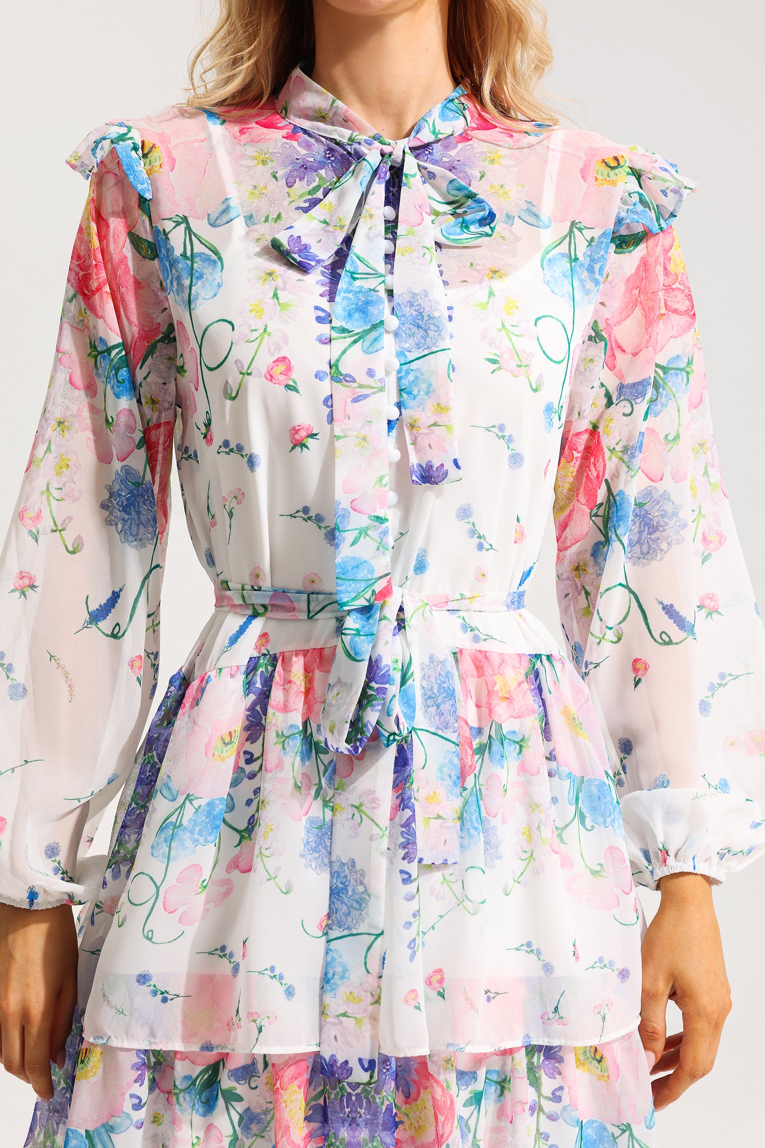 FLORAL BELTED MIDI DRESS WITH RUFFLE SLEEVES