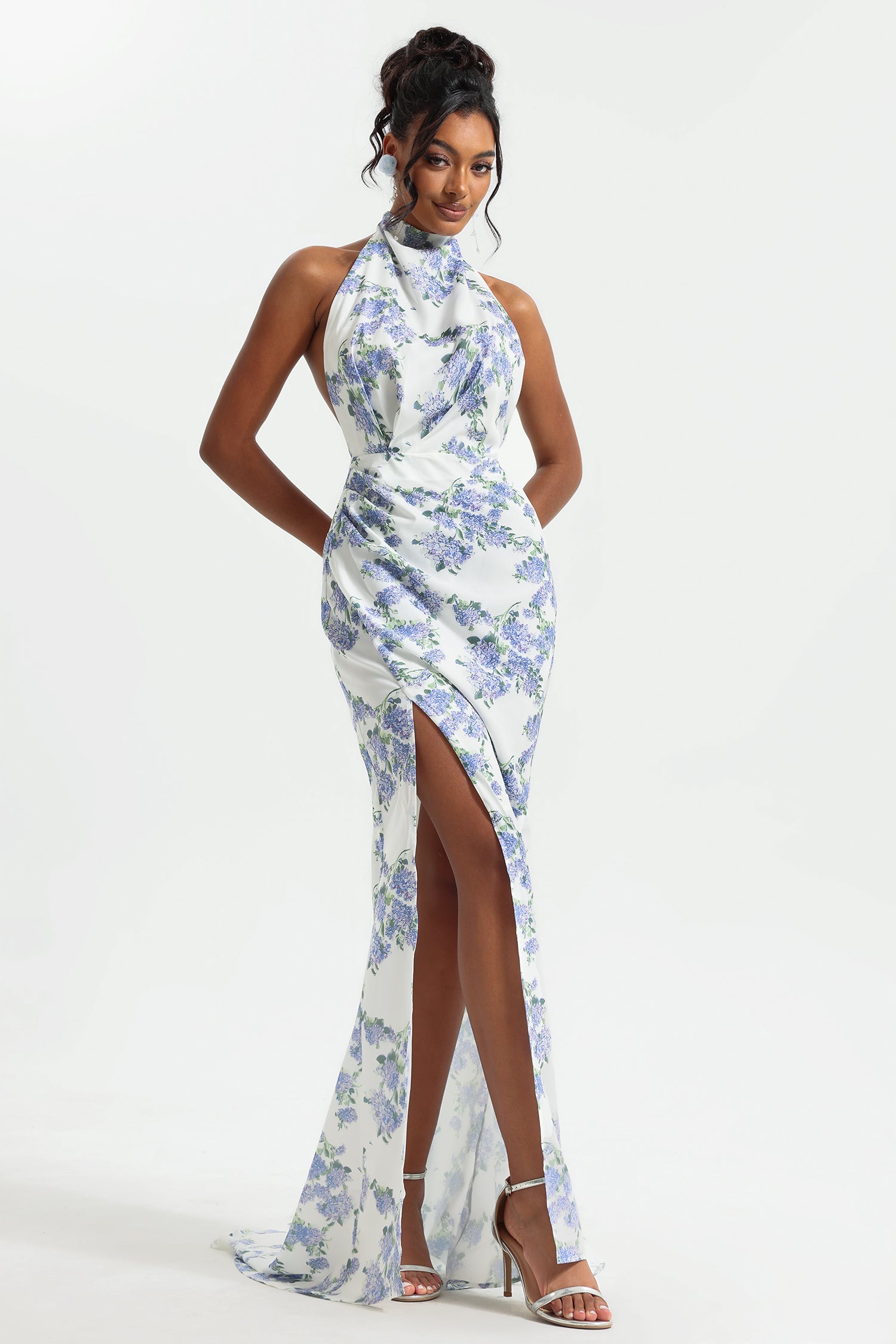 FLORAL HALTER MAXI DRESS WITH SPLIT FOR PARTY