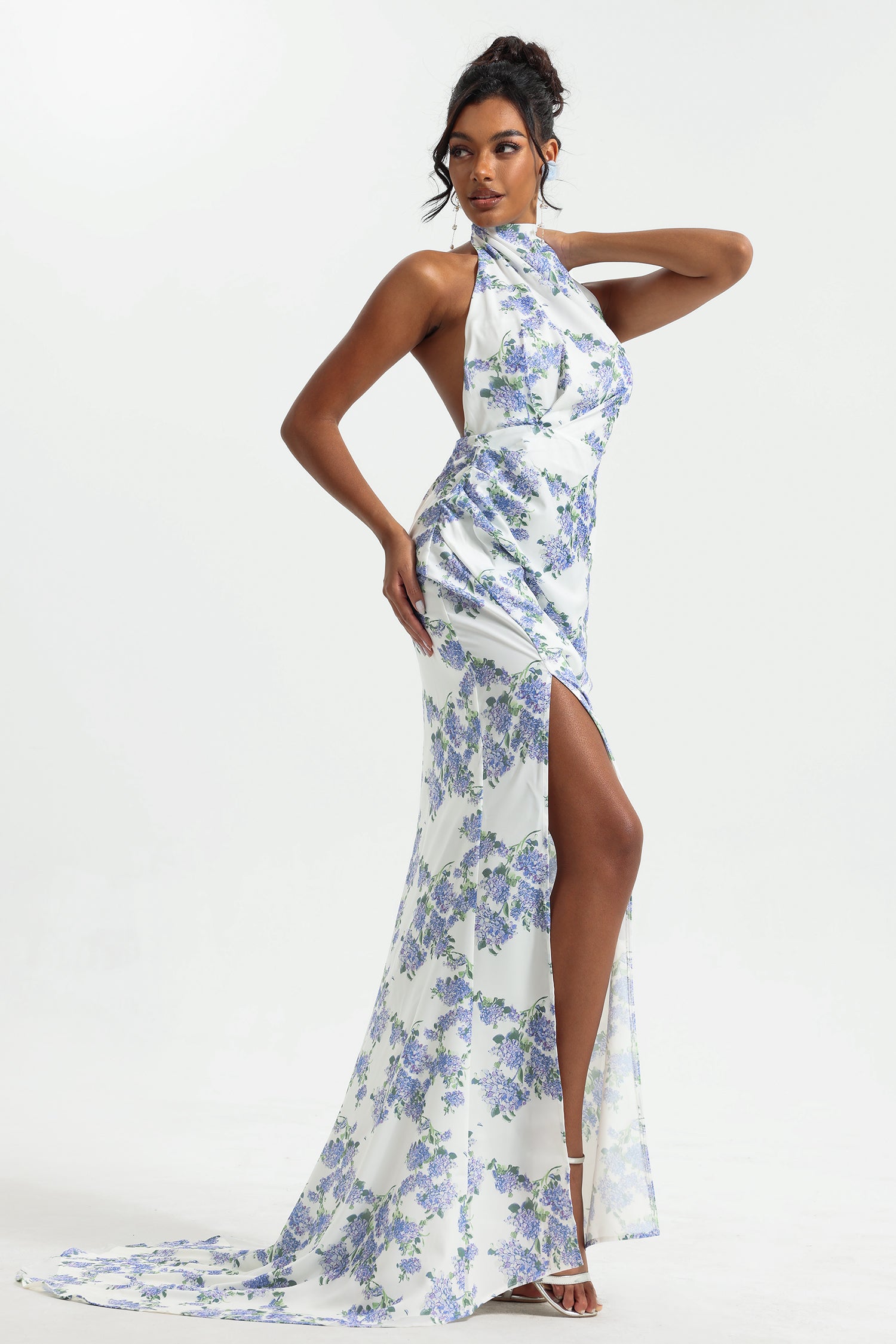 FLORAL HALTER MAXI DRESS WITH SPLIT FOR PARTY