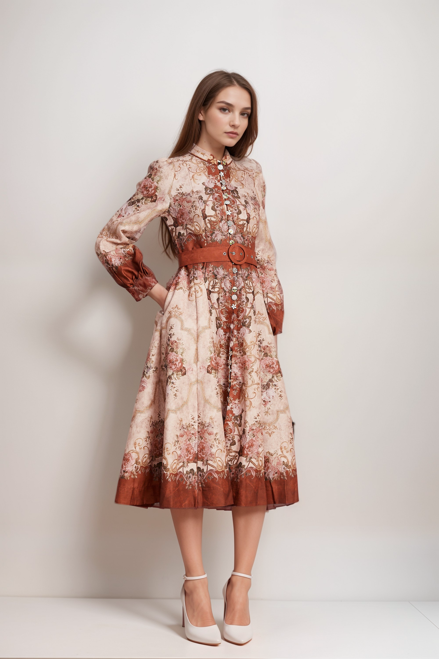 PENELOPE CRYSTAL BUTTON FLORAL MIDI DRESS FOR WEDDING