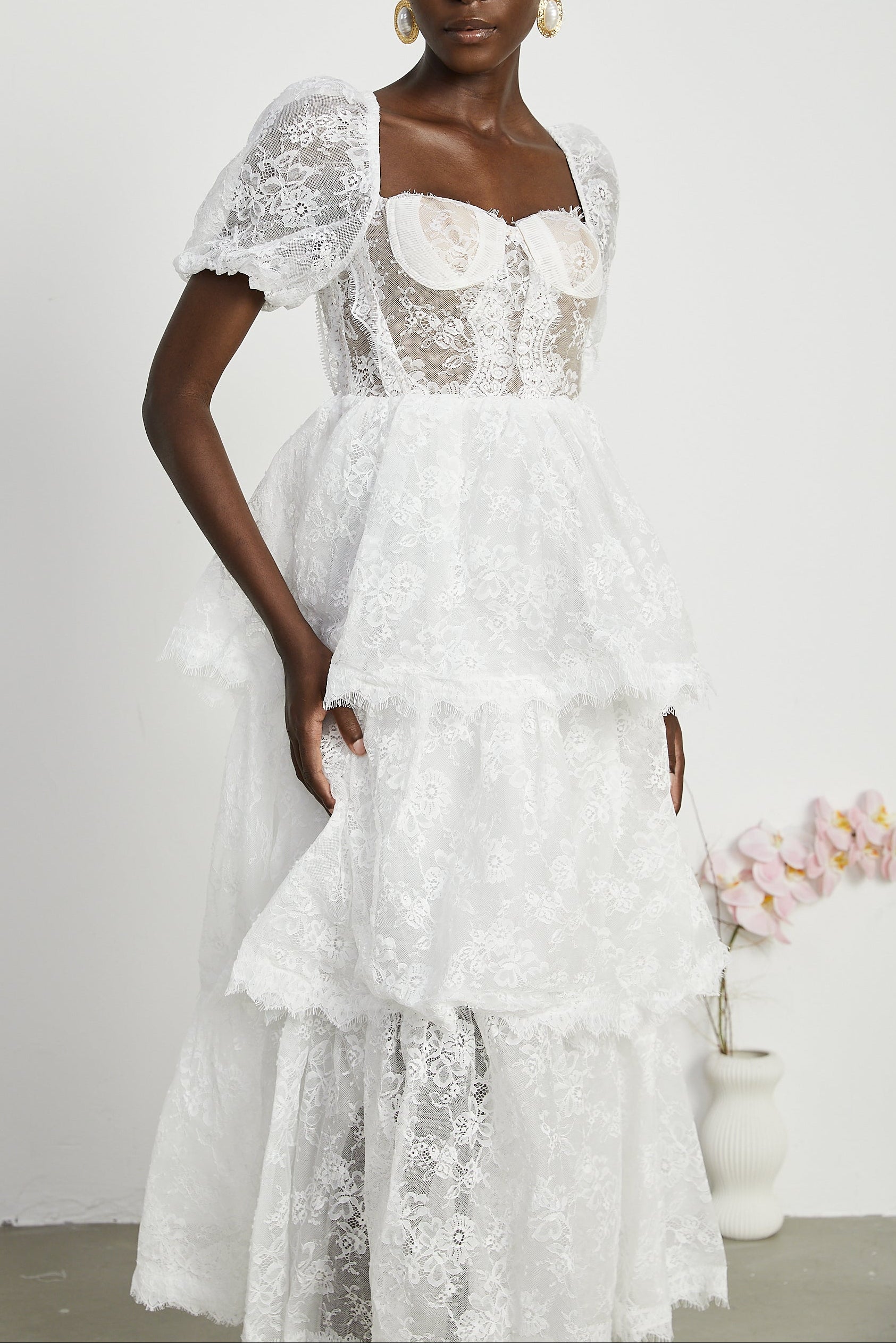 Mélisande layered lace-trim midi dress