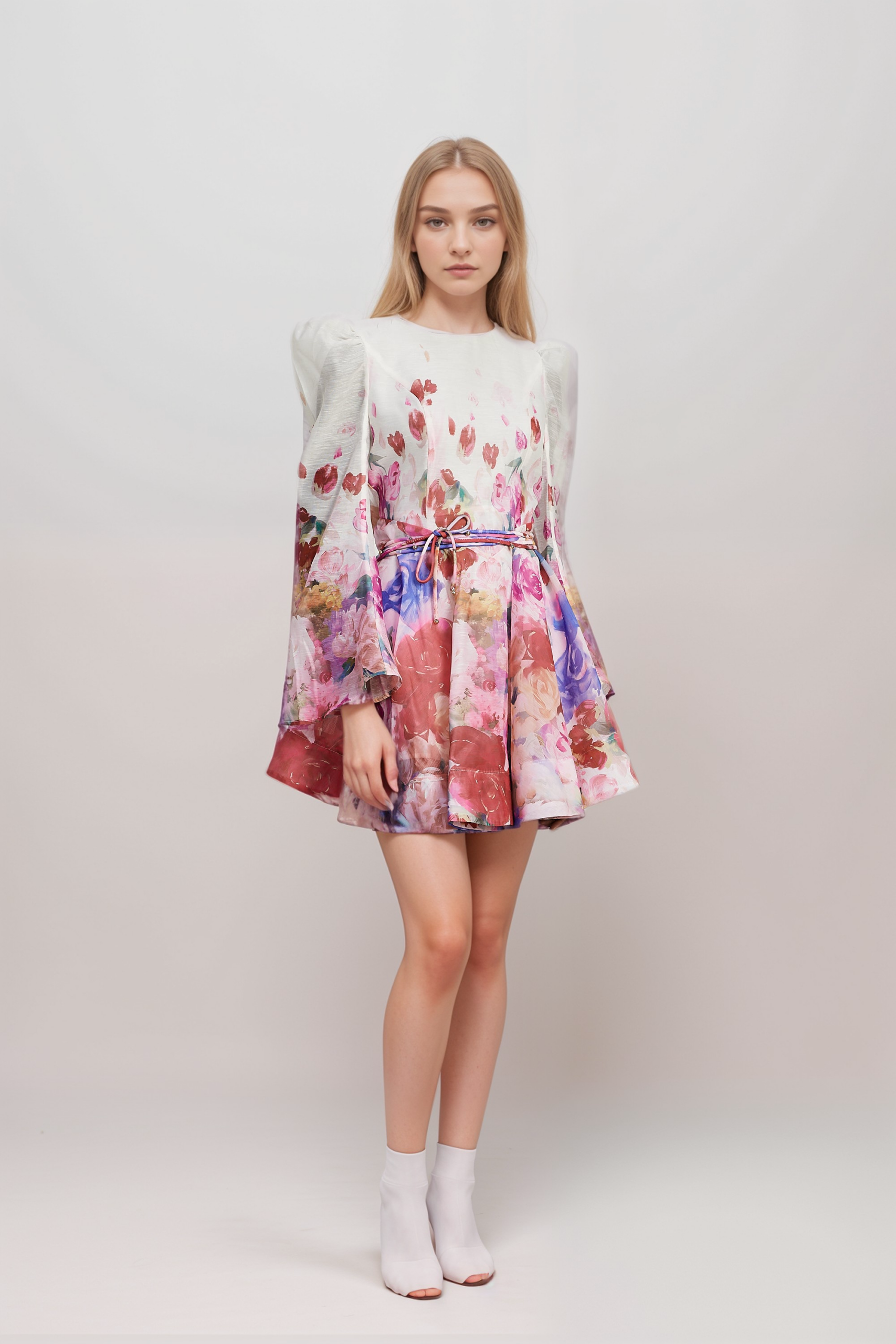 MARJOLAINE FLORAL FLARED SLEEVE MINI DRESS