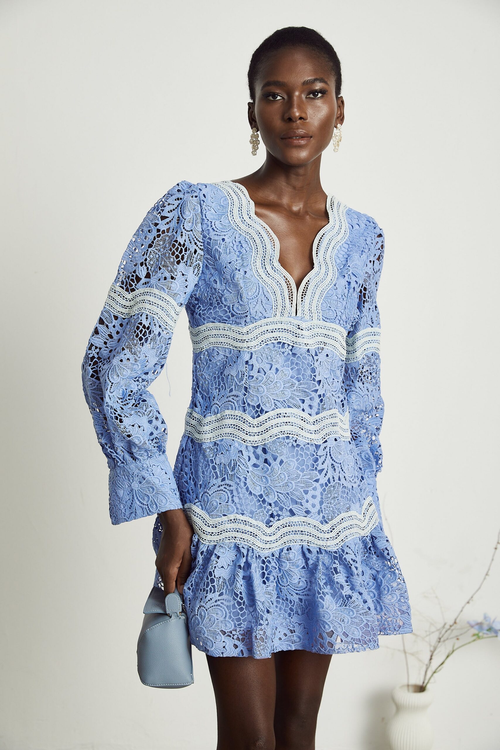 GAËLLE V-NECK FLORAL EMBROIDERED MINI PARTY DRESS