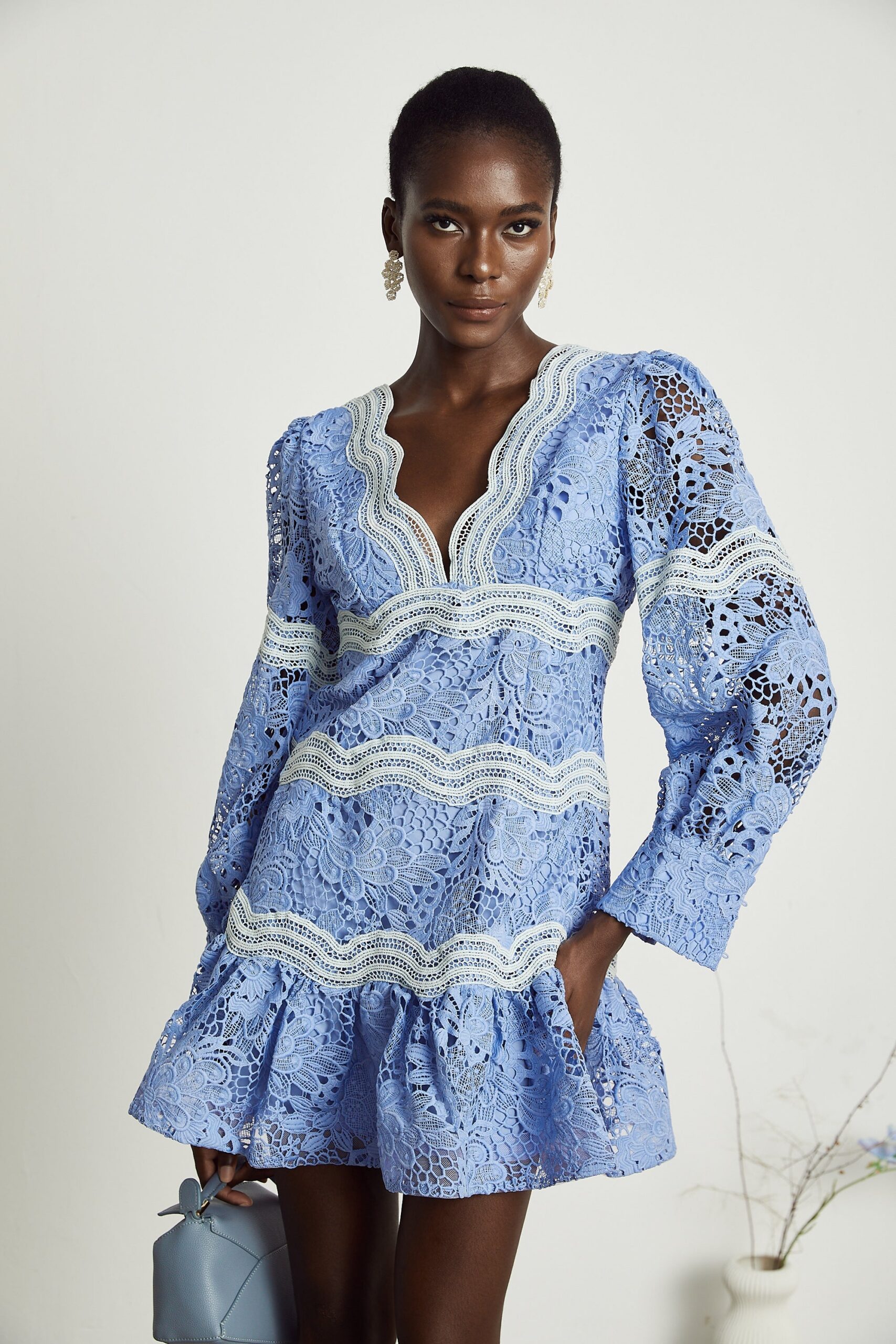 GAËLLE V-NECK FLORAL EMBROIDERED MINI PARTY DRESS