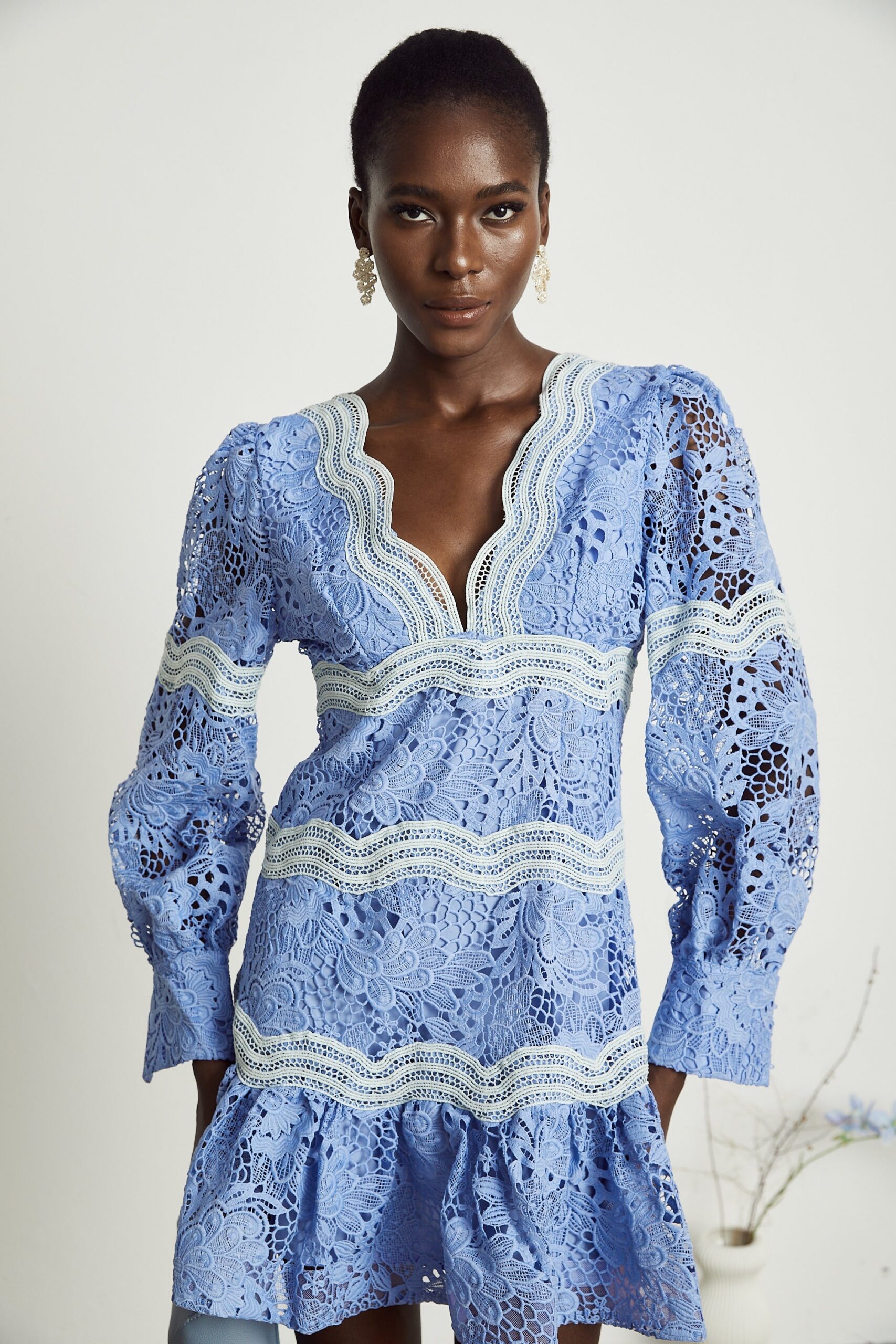 GAËLLE V-NECK FLORAL EMBROIDERED MINI PARTY DRESS